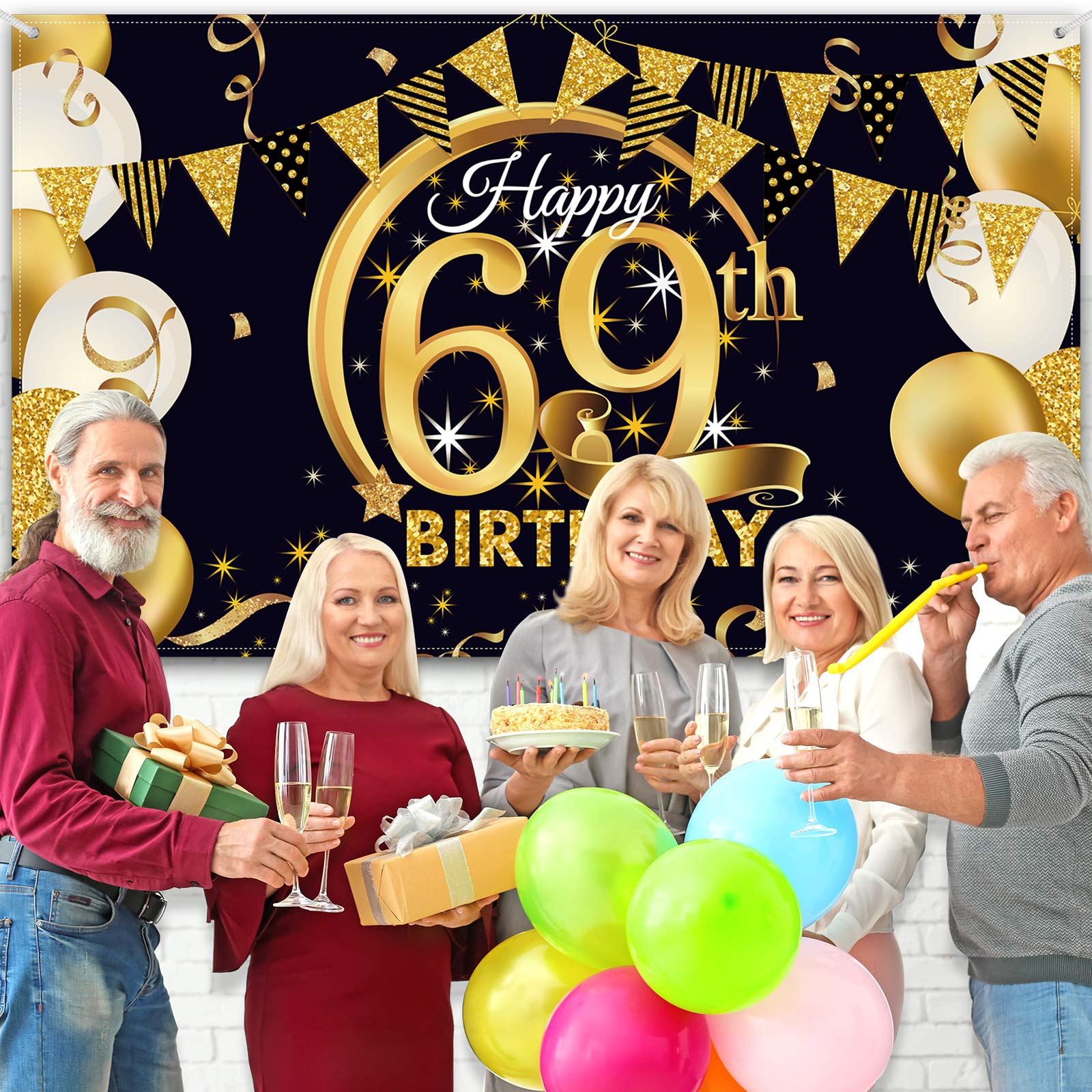 69Th Birthday Party Decoration, Extra Large Fabric Black Gold Sign Poster For 69Th Anniversary Photo Booth Backdrop Background B