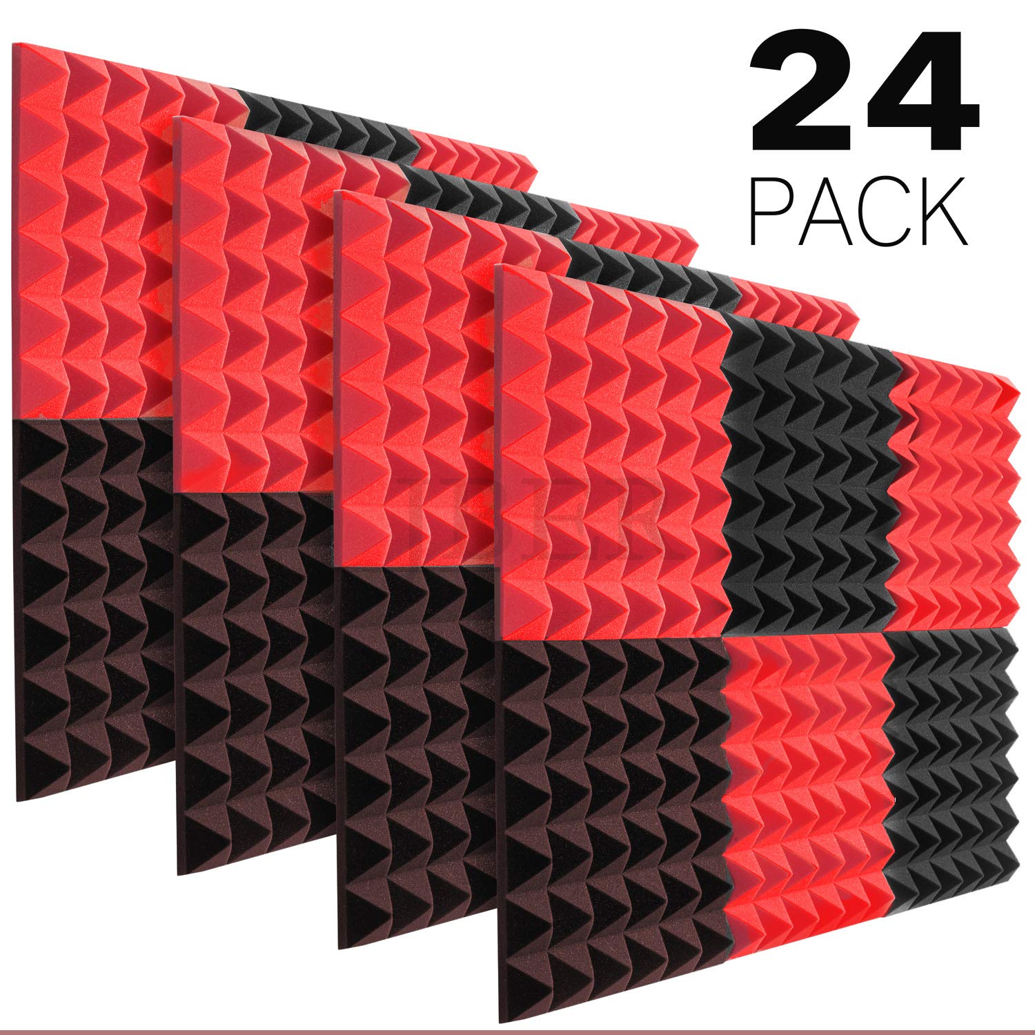 Jber Acoustic Sound Foam Panels, 24 Pack 2'' X 12'' X 12'' Red And Black Soundproofing Treatment Studio Wall Padding Sound Absor
