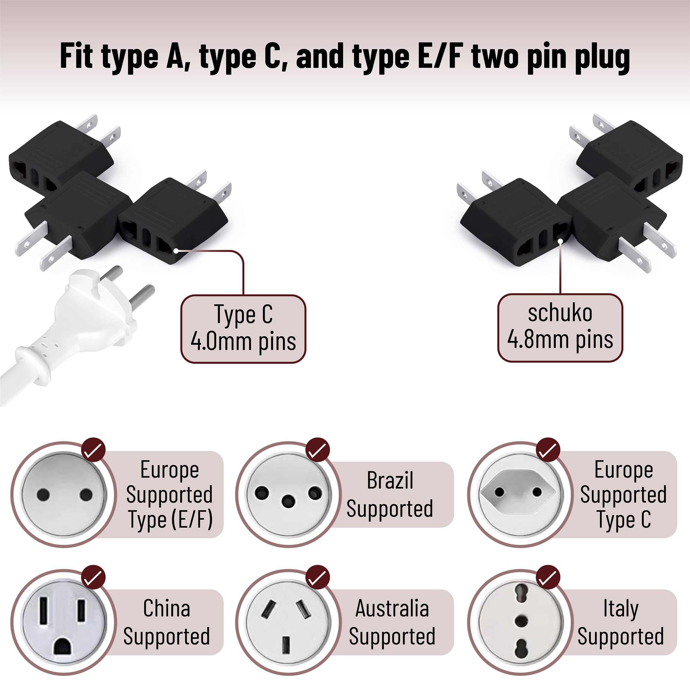 Bates  Europe To Us Plug Adapter, 3 Pack, Black, European To Us Plug Adapter, Eu To Us Plug Adapter, Adapter Europe To Usa, Uk T
