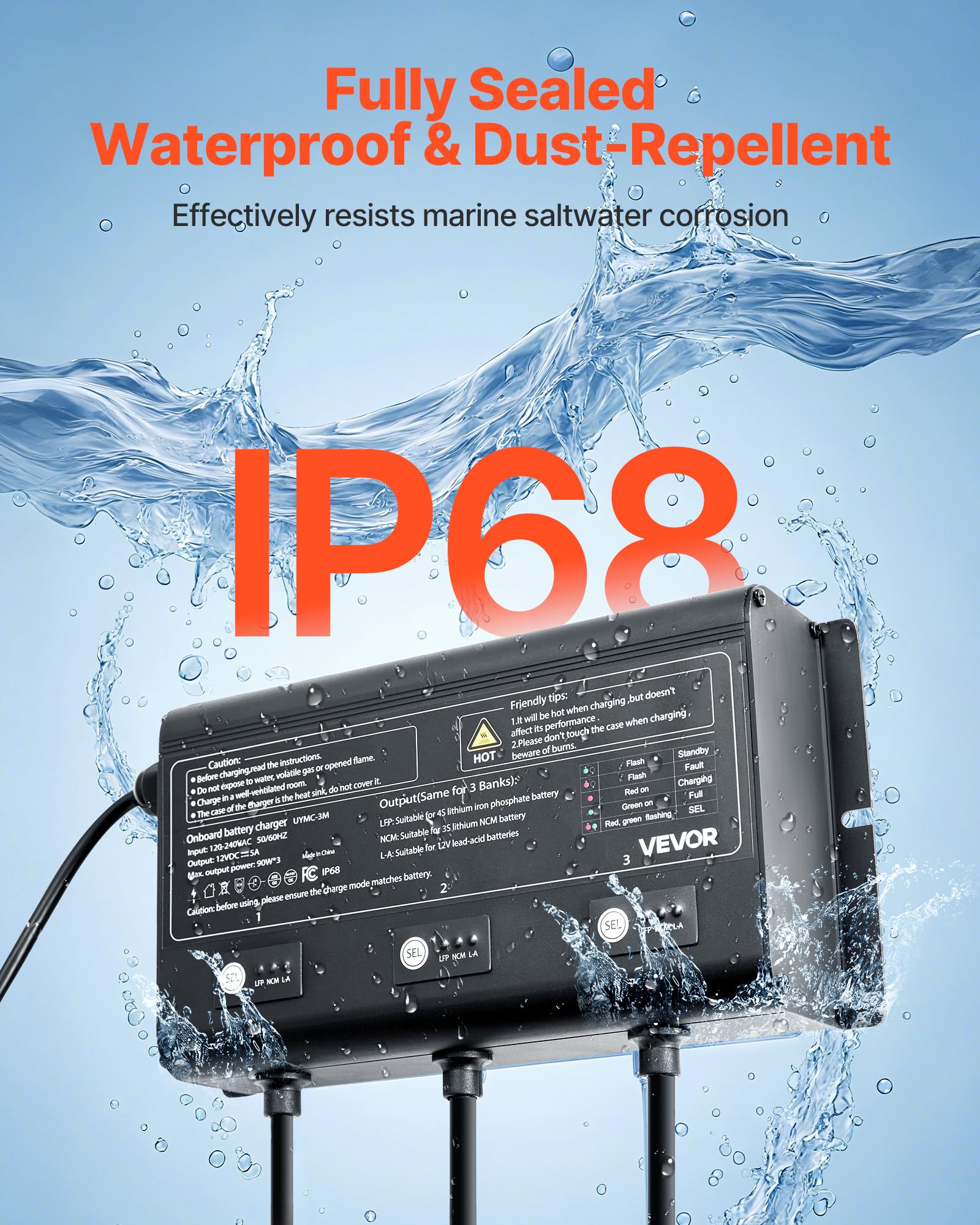 Vevor Marine Battery Charger, 3-Bank, 5A    3, 12V Onboard Boat Charger, Ip68 Waterproof Smart On-Board Battery Charger For Lith