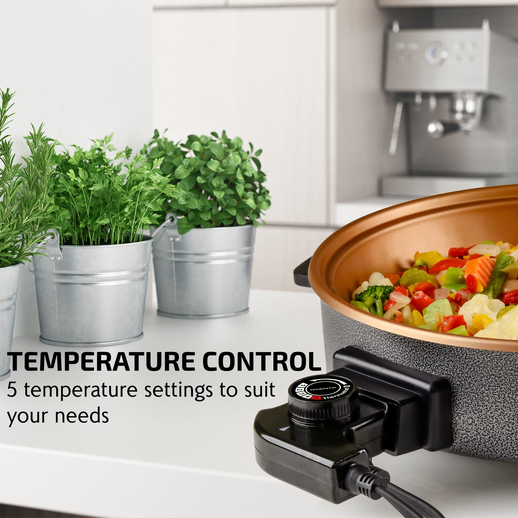 Ovente 12 Inch Electric Skillet And Frying Pan With Nonstick Coating, 1400W Power, Adjustable Temperature Control, Tempered Glas