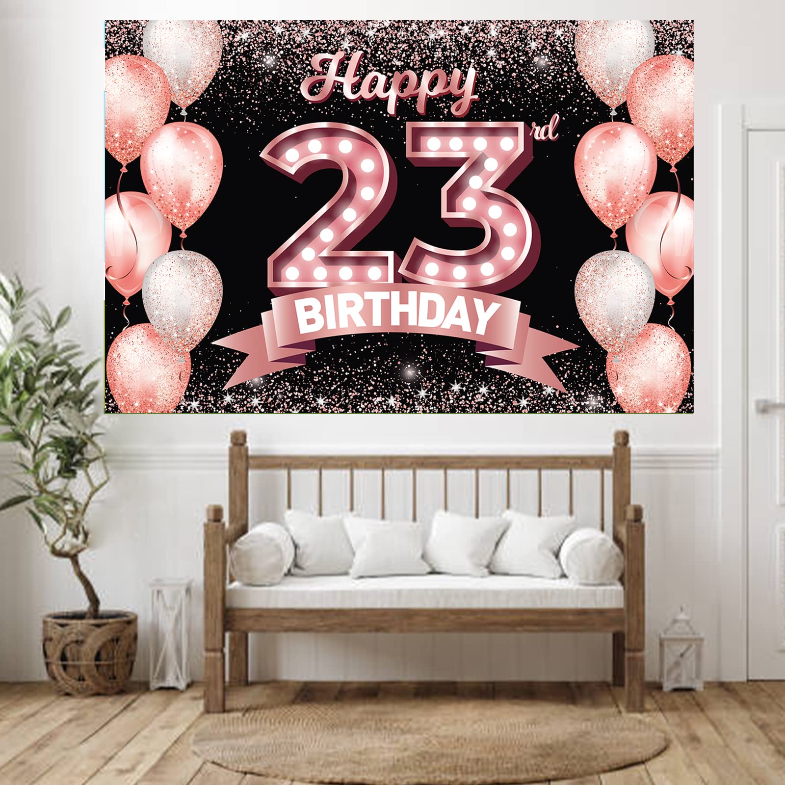 Happy 23Rd Birthday Rose Gold Banner Backdrop Cheers To 23 Years Old Confetti Balloons Theme Decor Decorations For Women 23 Year
