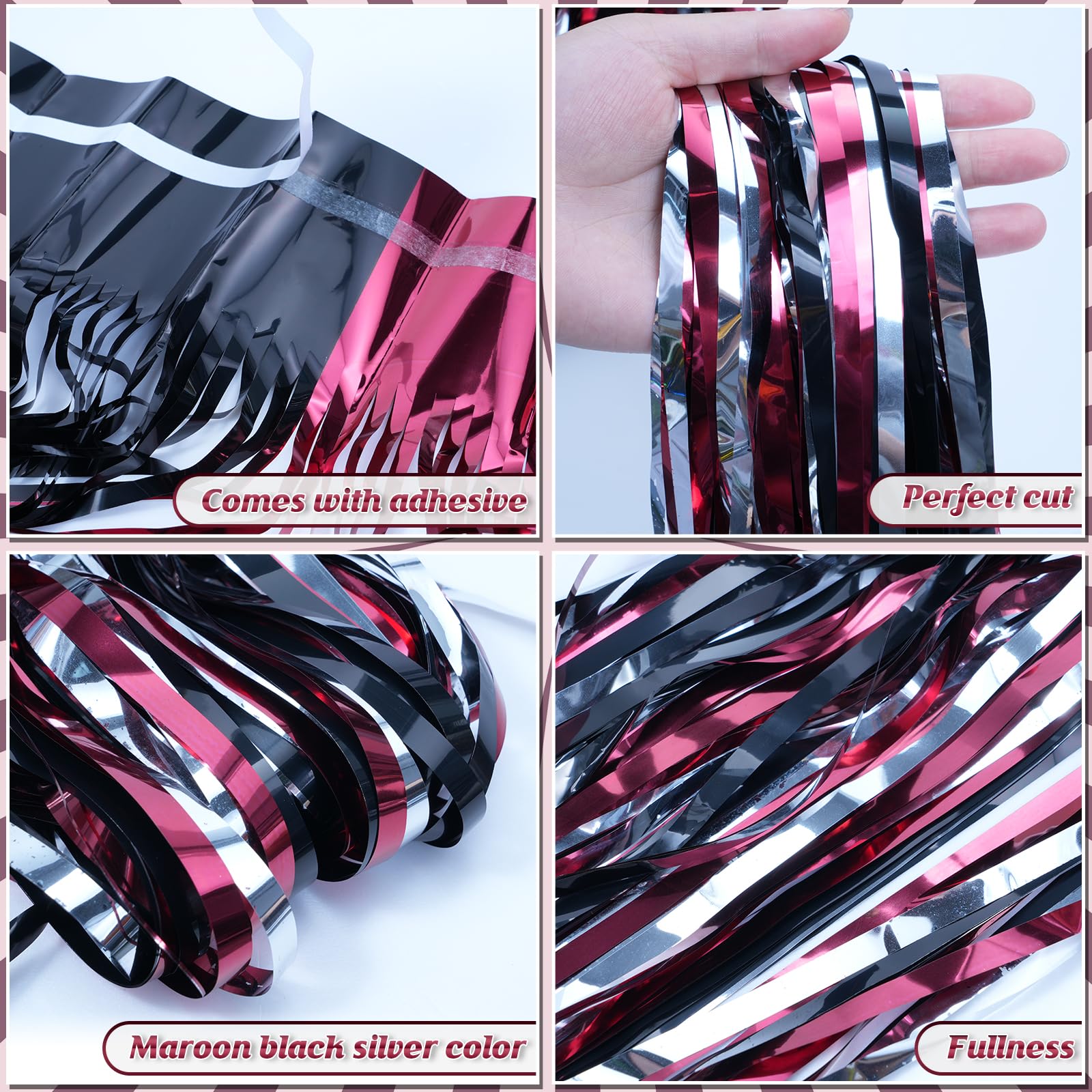 6 Pack 3.3Ft X 6.6Ft Graduation Foil Fringe Curtain Backdrop Decorations, Maroon Black Silver Metallic Tinsel Foil Streamers Cur