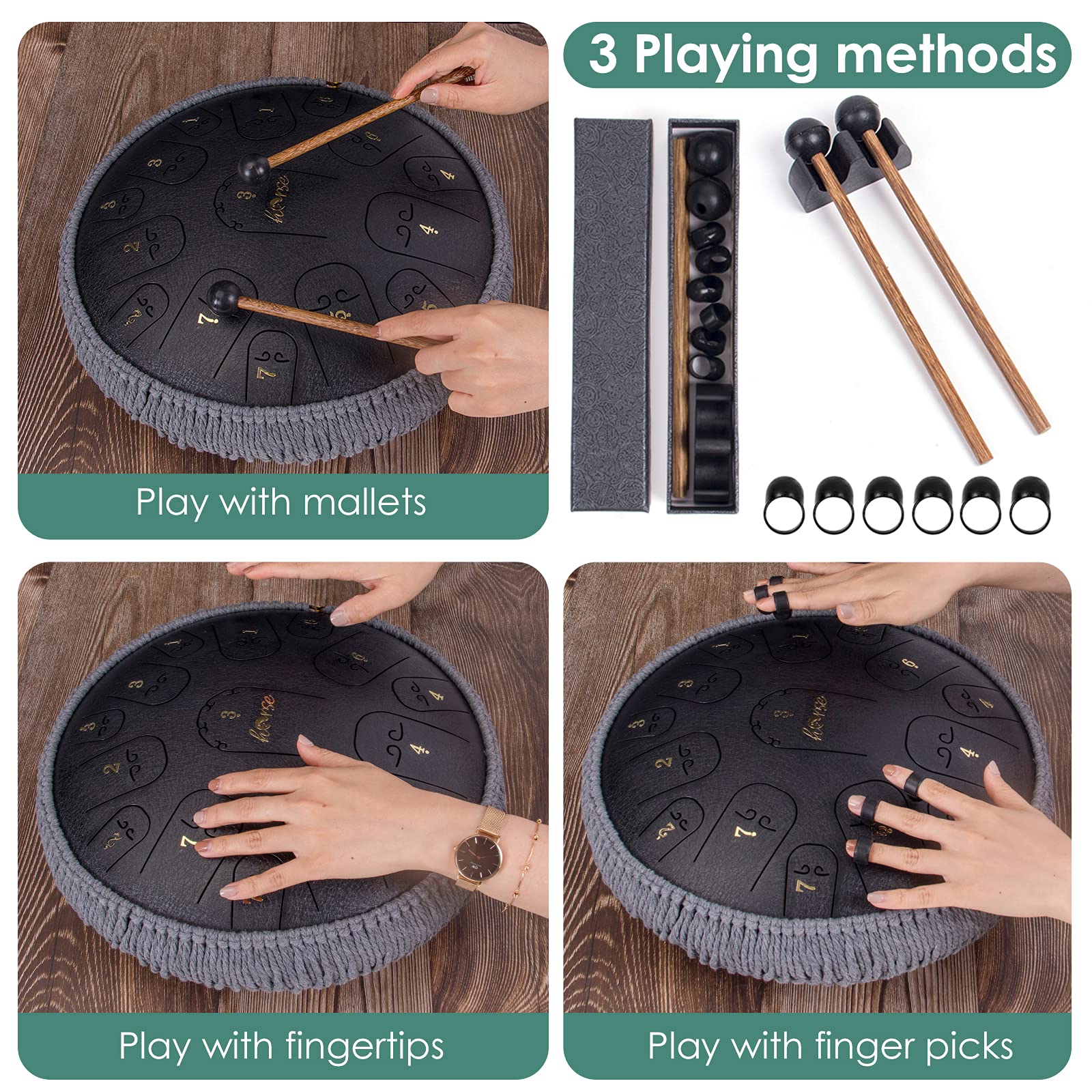 Steel Tongue Drum, Horse 14 Inch 15 Tones Tank Drum C Key Percussion Steel Drum Kit With Drum Mallets Note Stickers Finger Picks