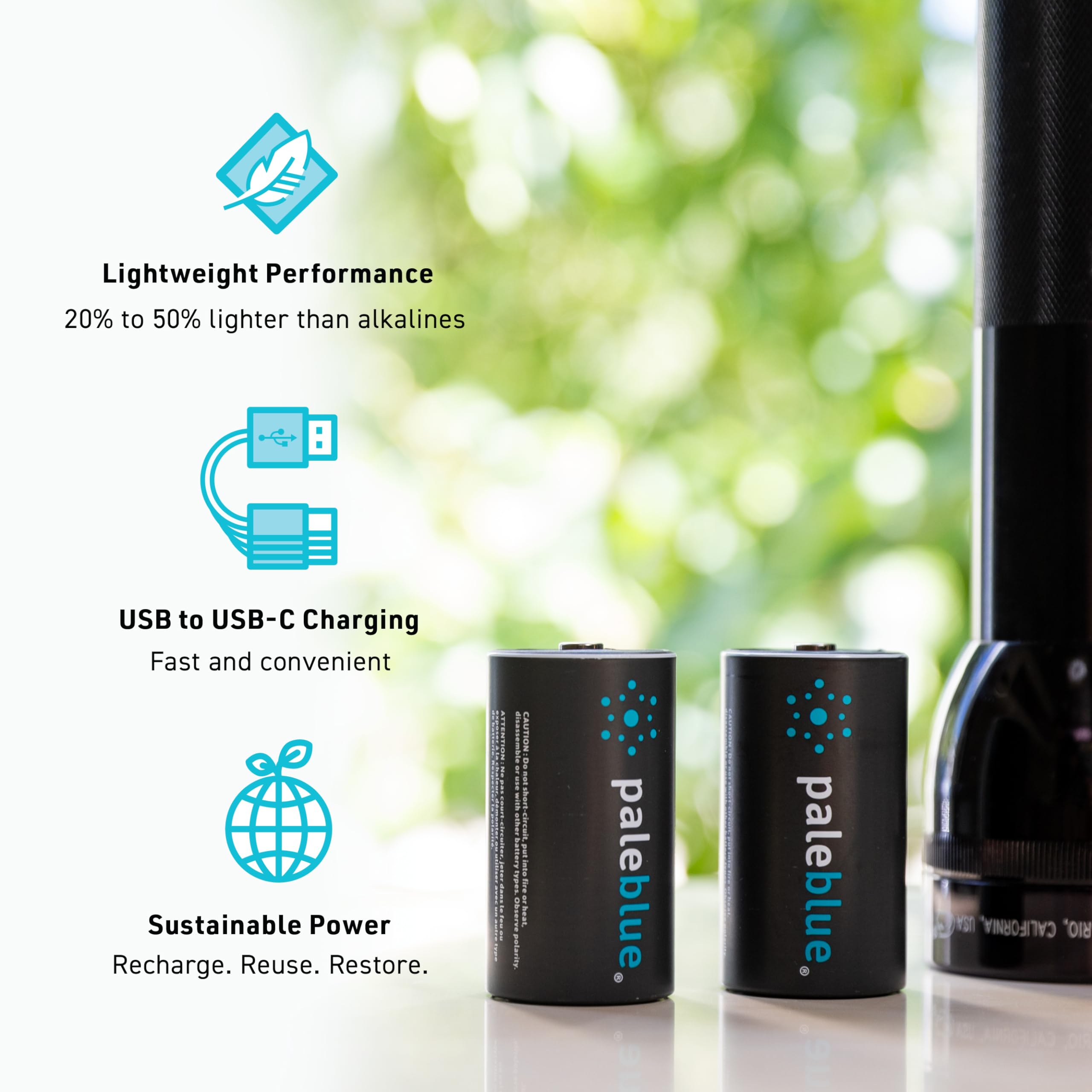 Rechargeable D Batteries With Usb Charger By Pale Blue, Lithium Ion 1.5V 5000 Mah, Charges Under 3.25 Hours, Over 1000 Cycles, 2