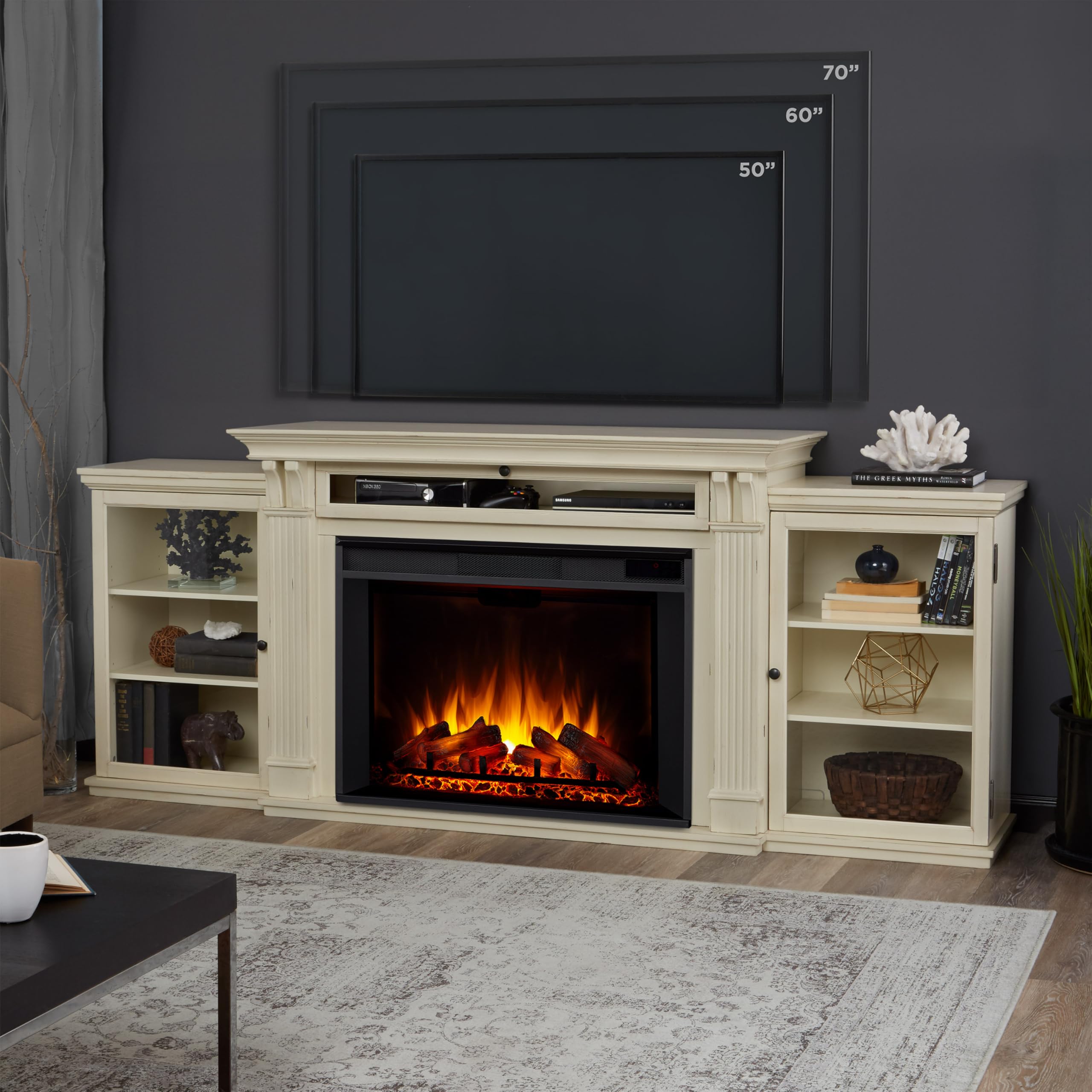 Real Flame Tracey 84'' Grand Electric Fireplace Tv Stand For Tvs Up To 80 Inches, Entertainment Center With Adjustable Shelves A