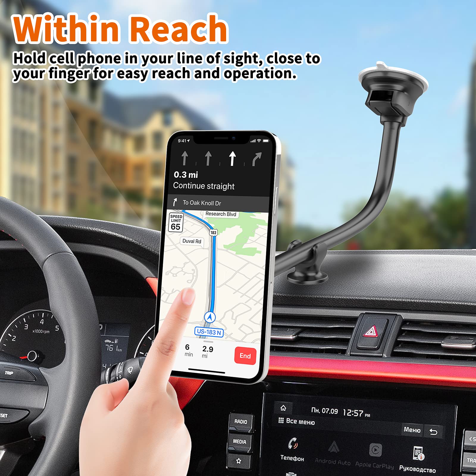 1Zero Magnetic Phone Car Mount 14-Inch Gooseneck Long Arm Extension, Universal Windshield Dashboard Industrial-Strength Suction