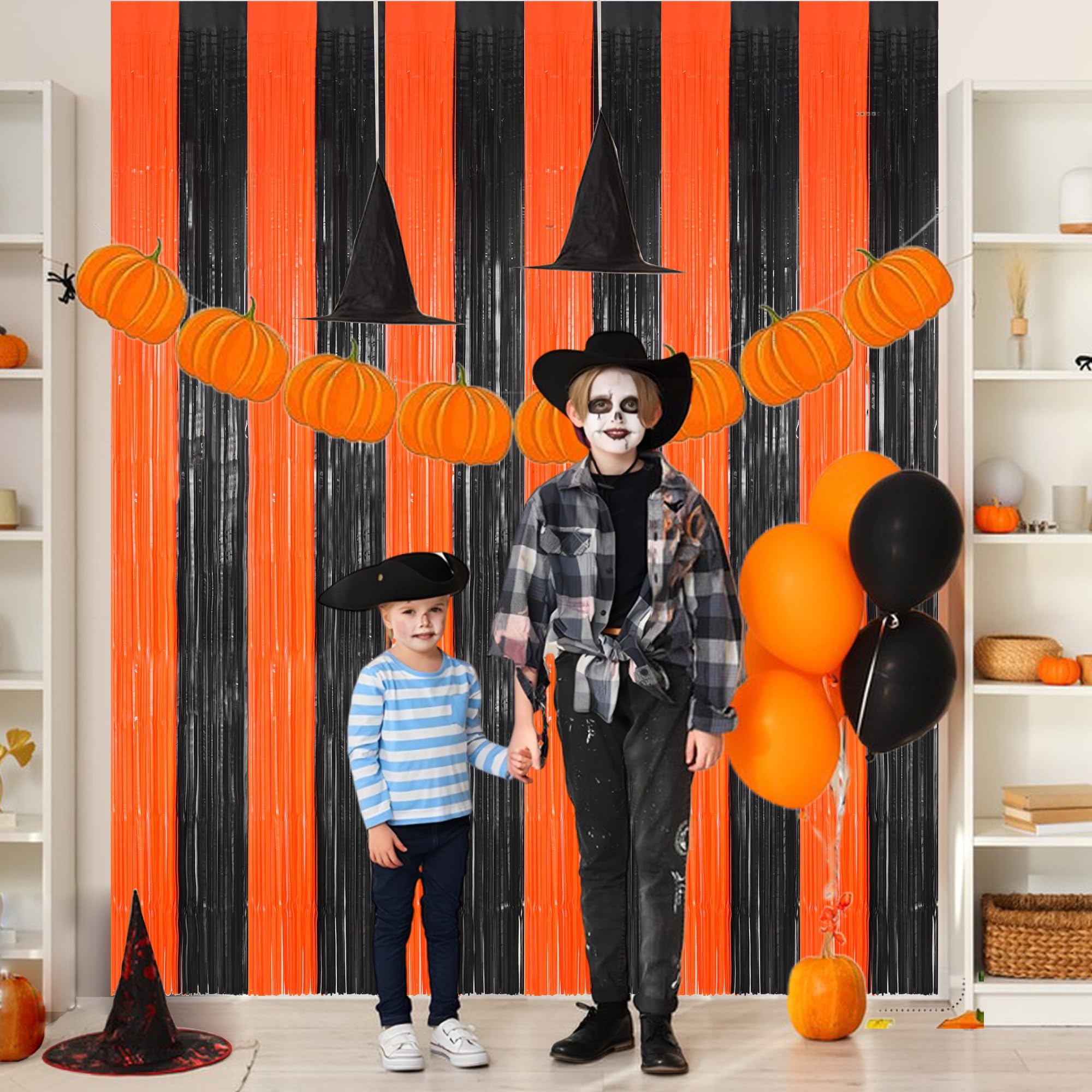 Braveshine Tinsel Photo Backdrop Curtains   2 Pack 3.2X8.2Ft Black Orange Foil Fringe Streamer Curtain For Birthdays, Halloweens