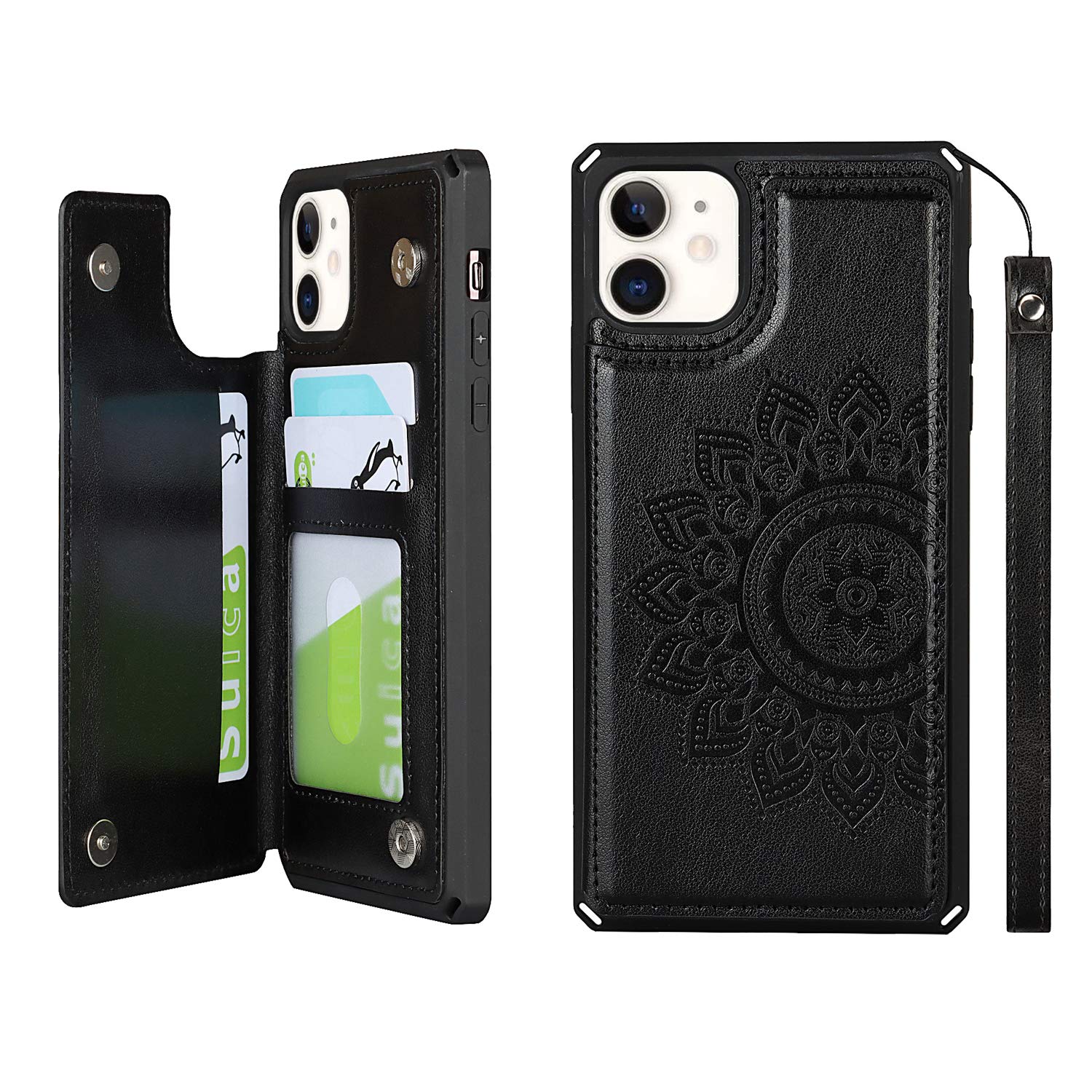 Cavor For Iphone 11 Embossed Mandala Pattern Flower Pu Leather Wallet Case With Card Holder Shockproof Cover   Black