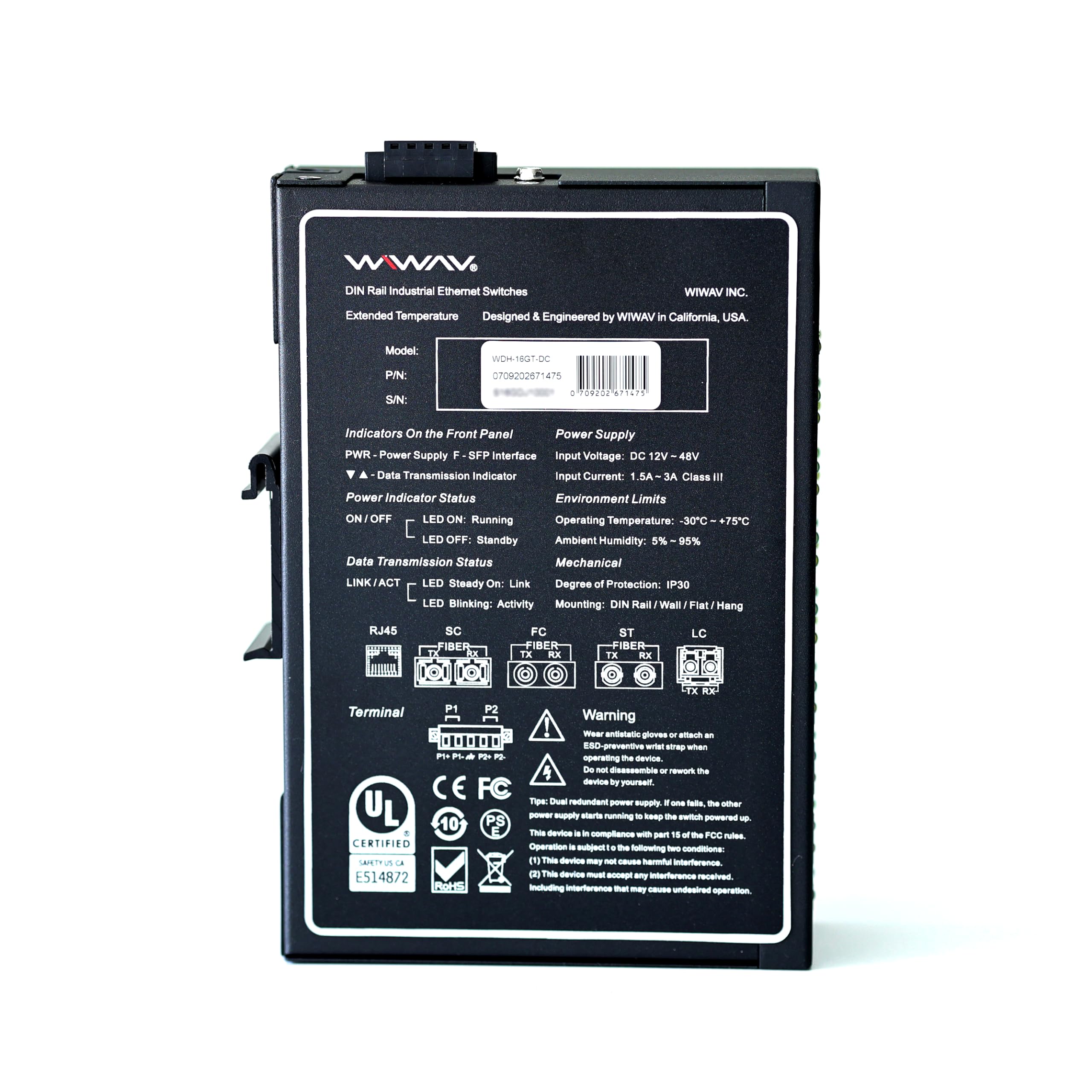 Wiwav Wdh 16Gt Dc 10/100/1000Mbps Unmanaged 16 Port Gigabit Industrial Ethernet Switches With Din Rail/Wall Mount (Ul Listed, Fanless,  30�C~75�C)