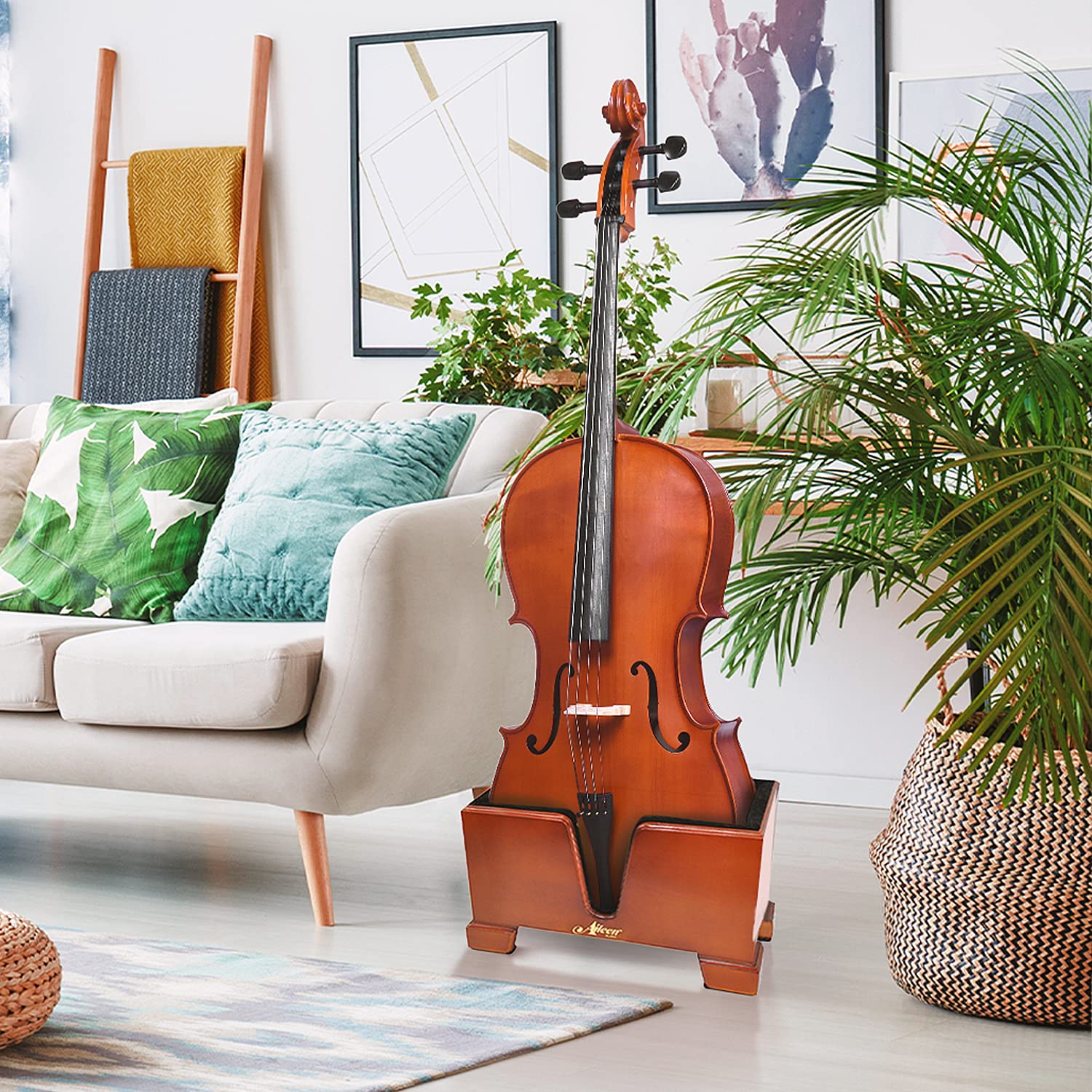 Aileen Stc02 4/4 Full Size Burgundy Wooden Cello Box Stand, Black Premium Velvet Plush Interior Including Bow Holder With Anti-S