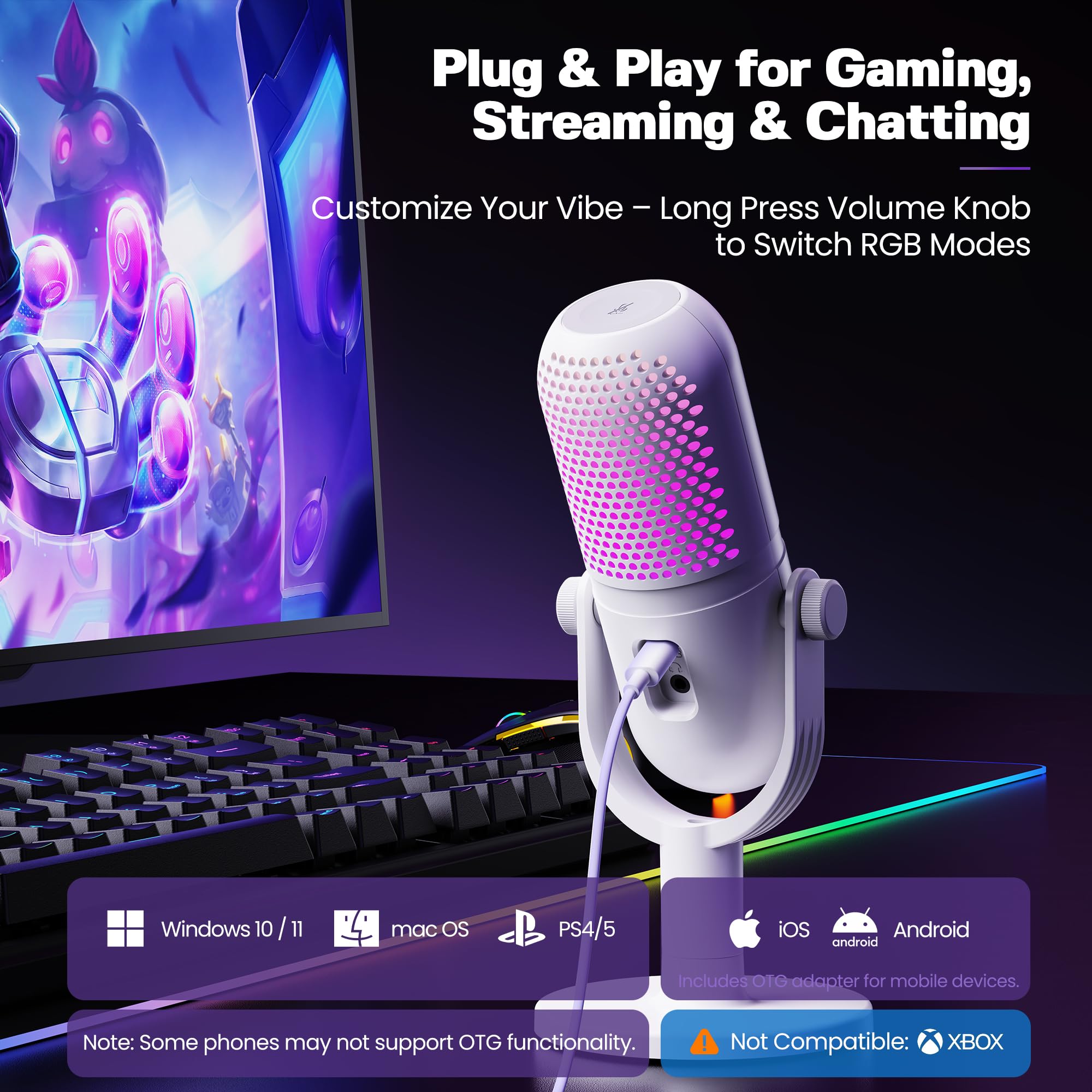 Usb Microphone For Pc Gaming: Condenser Microphone Rgb For Gamer With Stand Mic - Recording Mic For Computer&Laptop With Qiuck M