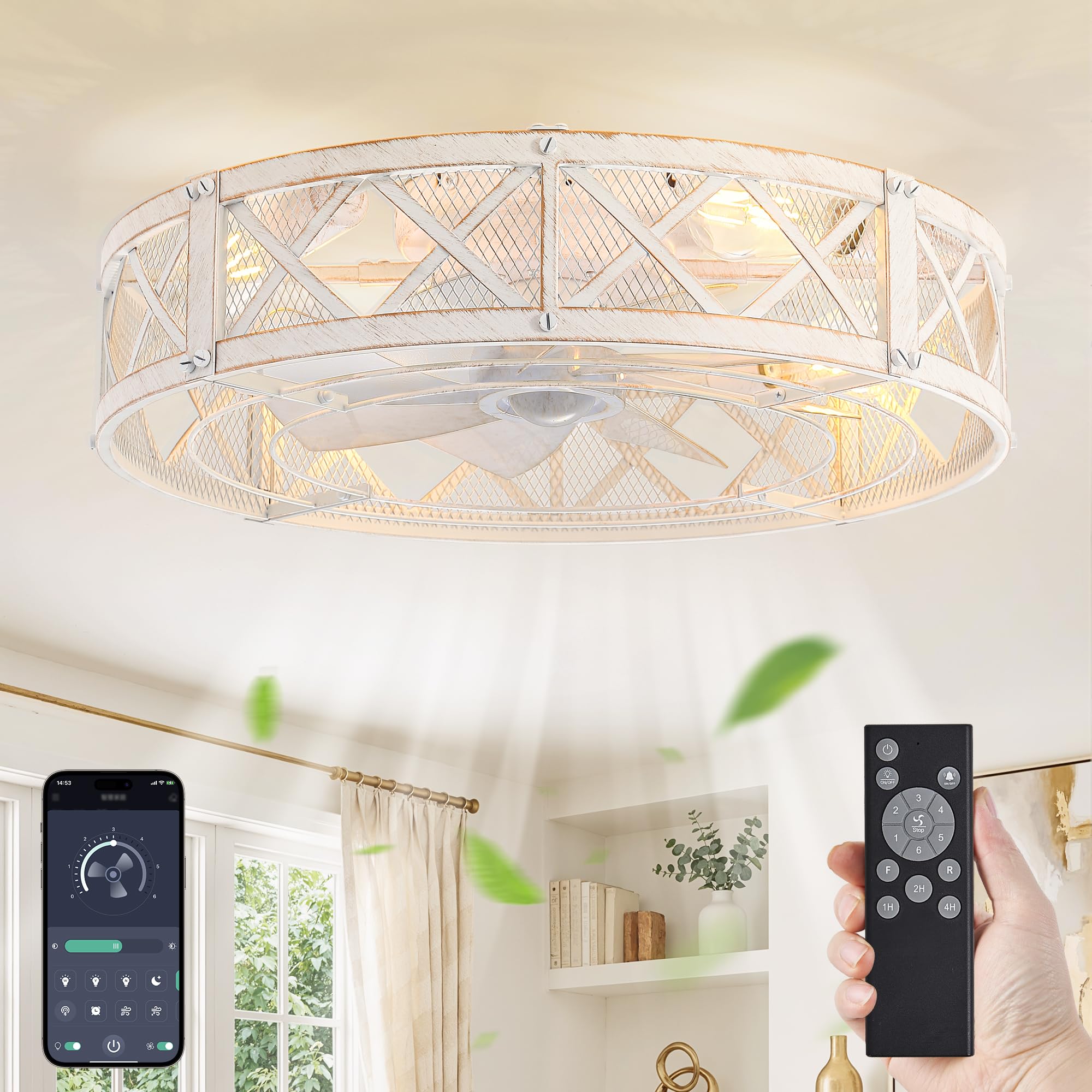 LEDIARY 23 Caged Ceiling Fan with Light, APP&Remote Control, Large Flush Mount Farmhouse Fan Lights, Low Profile Rustic Bladeles