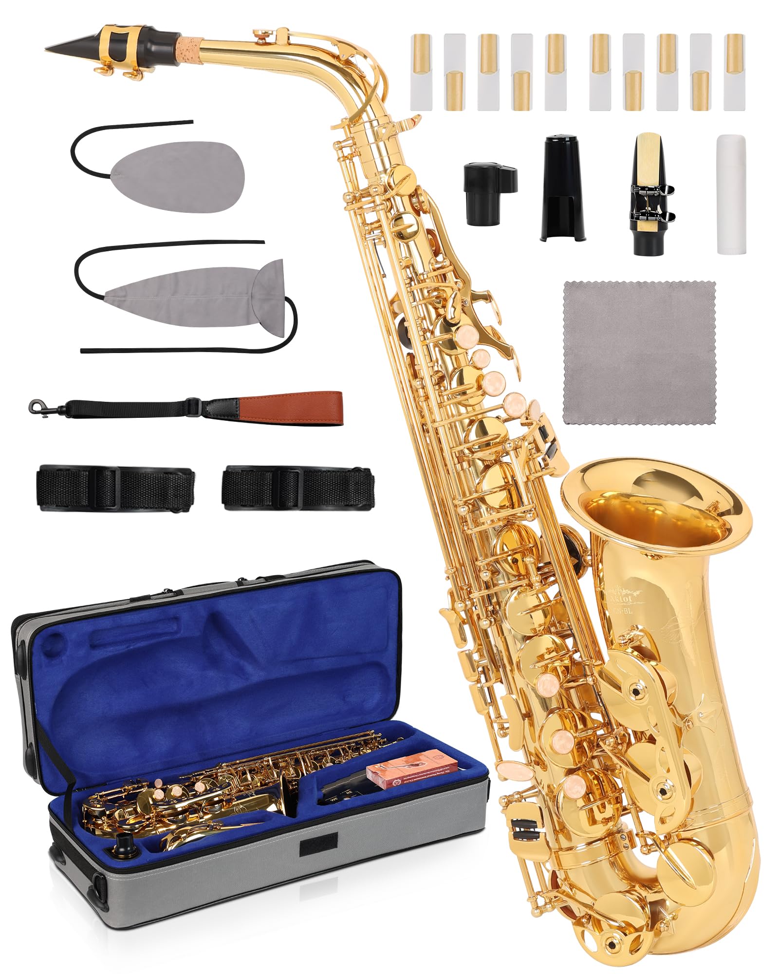 AKLOT Handcrafted E-Flat Alto Saxophone: Gold Brass Body with Clear, Balanced Tone, Secure Air Seal, Durable 23-Key System, Incl