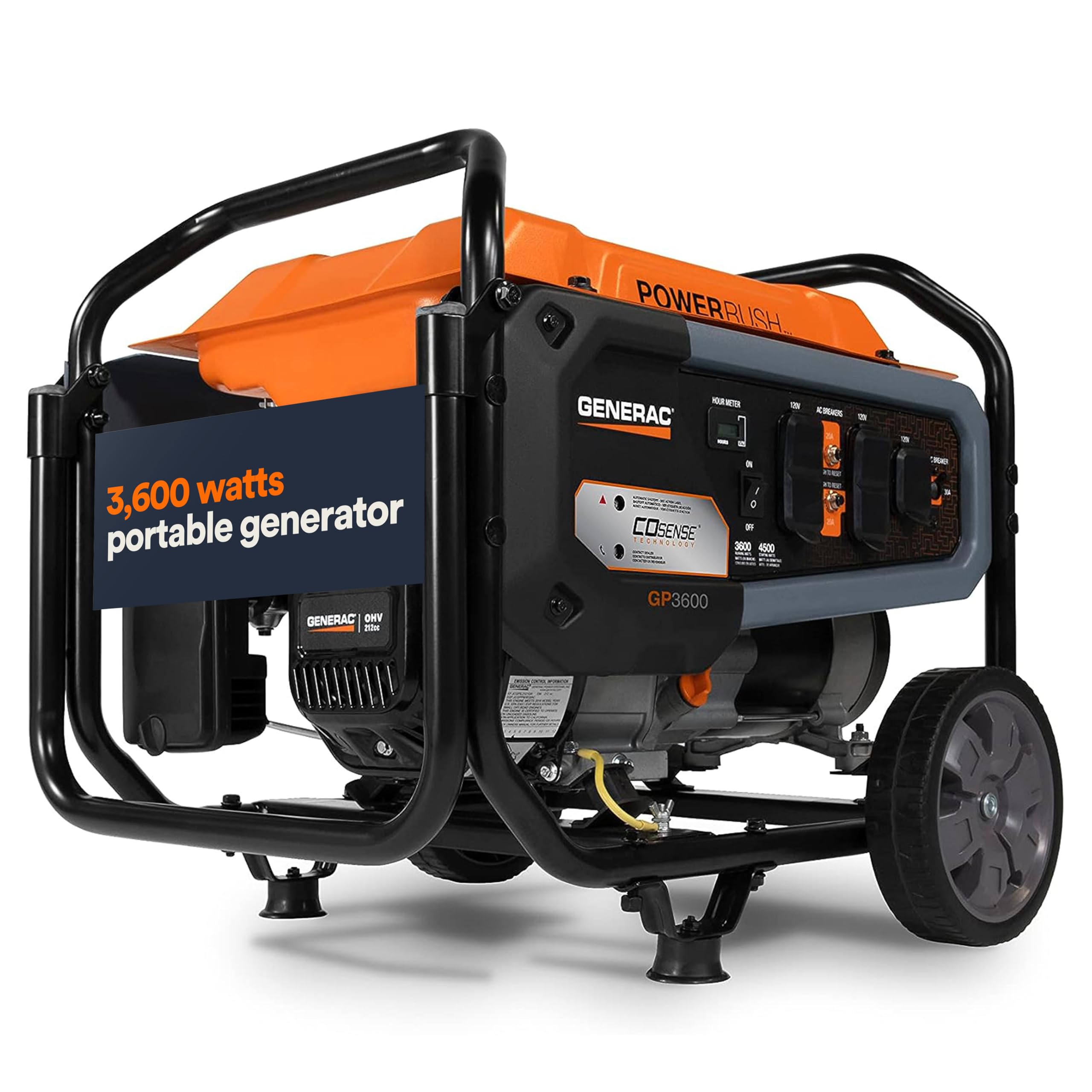 Generac 7721 Gp3600 3,600 Watt Gas Powered Portable Generator   Cosense Technology   Powerrush Advanced Technology   Reliable Po