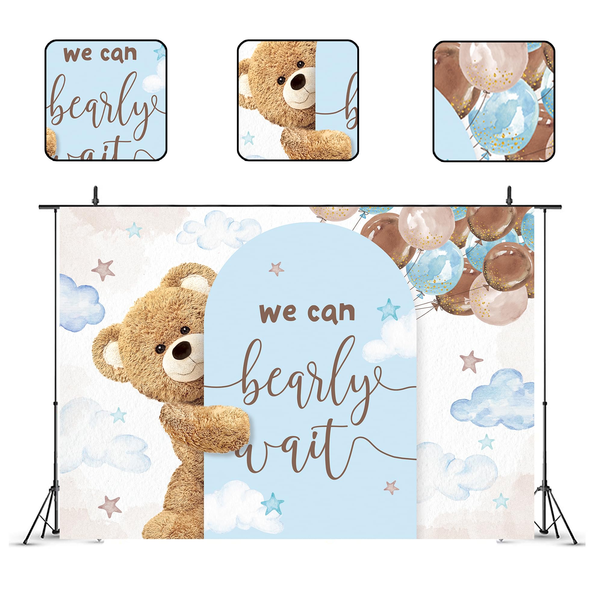 Glawry We Can Bearly Wait Backdrop 7Wx5H Feet Boho Lovely Cartoon Blue Balloons Arch Bear Baby Shower Party Decorations Photogra
