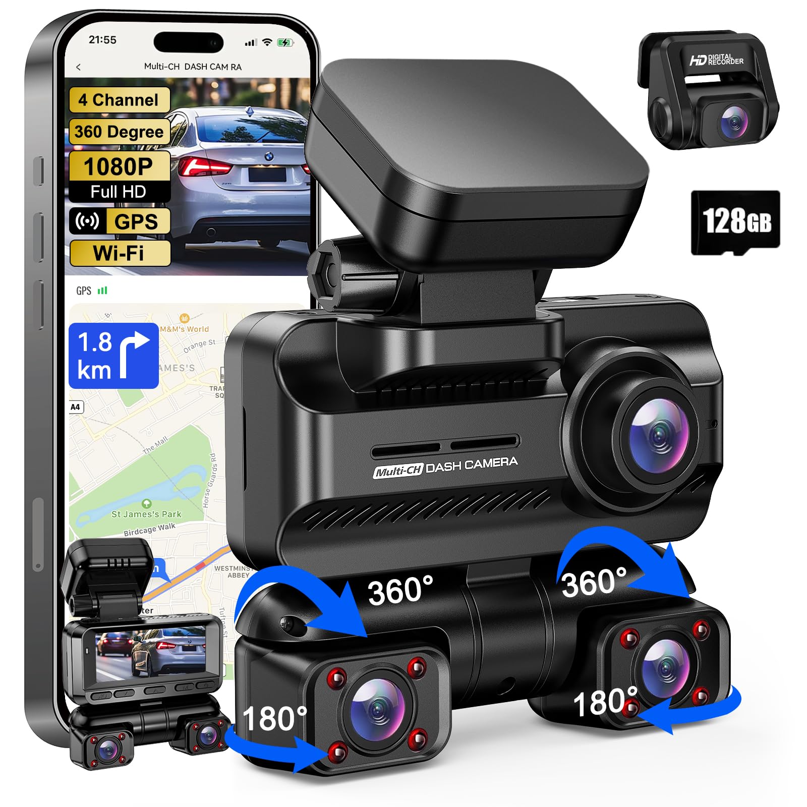 Dash Cam 4 Channel 360 Front Rear Inside Dashcam, 4K Full Hd Dashcam Car Camera, Free 128Gb Card, Built In Wi Fi Gps Dashcams, 3