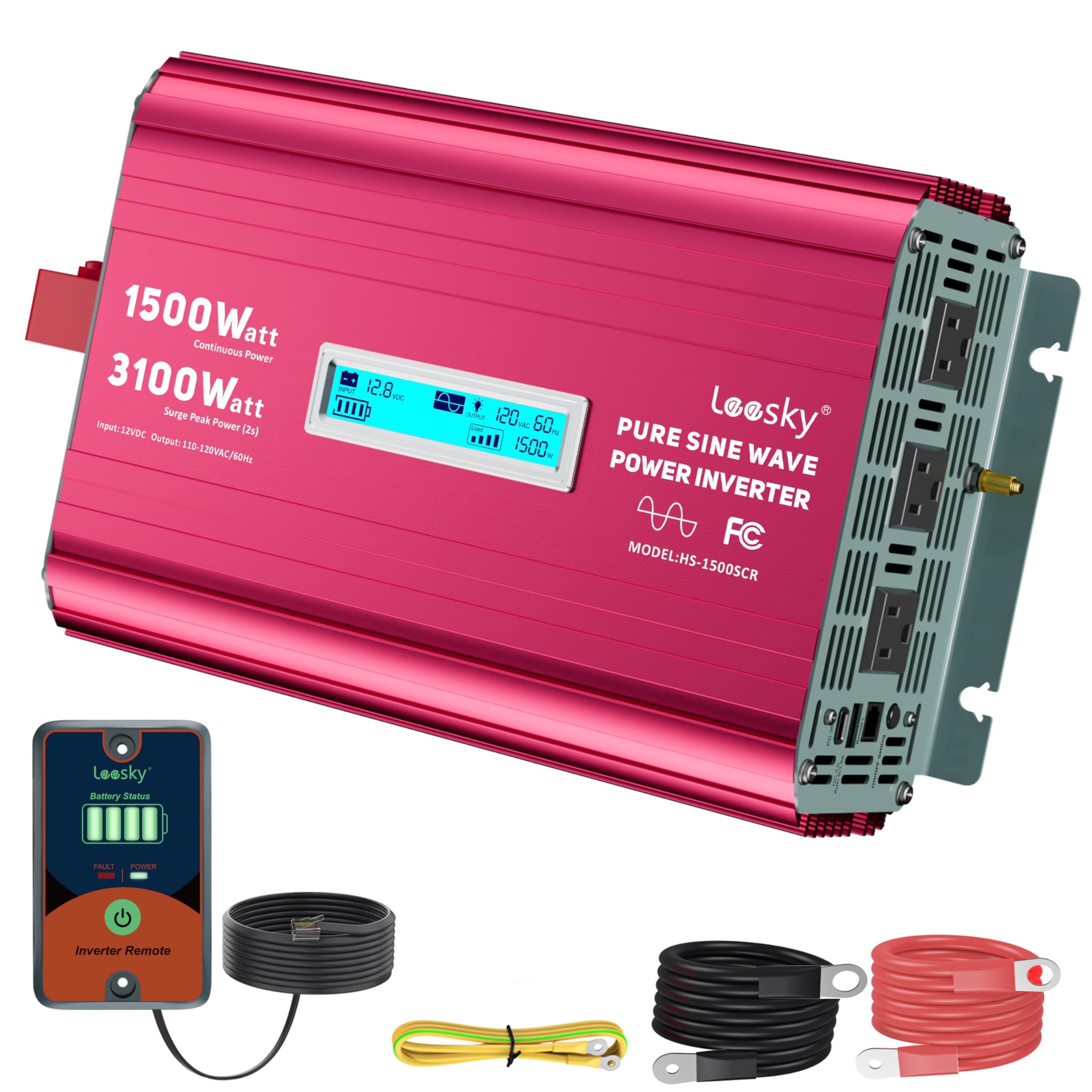 1500 Watt Pure Sine Wave Inverter 12V to 110V 120V AC 3100W Surge Peak Power for 2 Seconds Remote Control PD36W USB-C Compatible