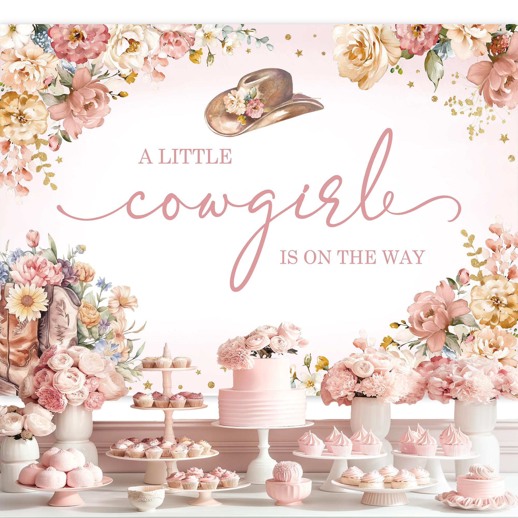 Ufeela Western Cowgirl Baby Shower Backdrop Floral A Little Girl Is On The Way Pink Rustic Watercolor Flower Rose Hat Boots 7Wx5