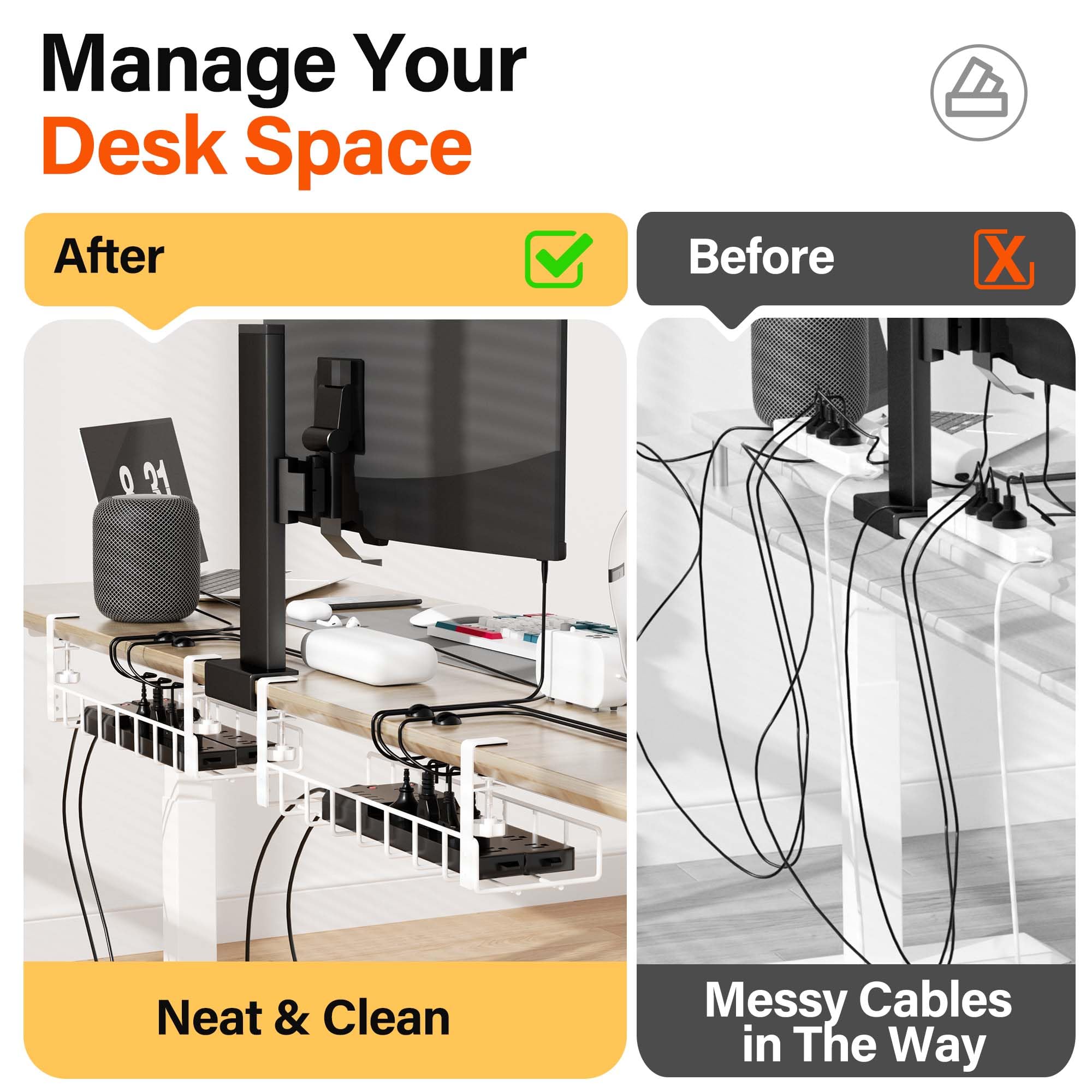 Xpatee 2 Pack Cable Management Under Desk Tray, 31.4'' No Drill Under Desk Wire Management With Upgraded Clamp, Metal Cord Organ
