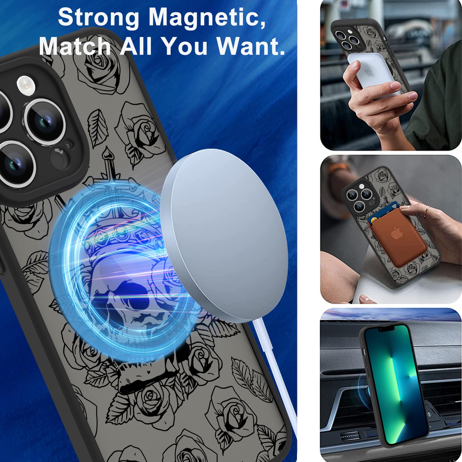 Ook Magnetic For Iphone 13 Pro Max Case Black Flower Skull Pattern [Compatible With Magsafe] Slim Translucent Matte Camera Lens