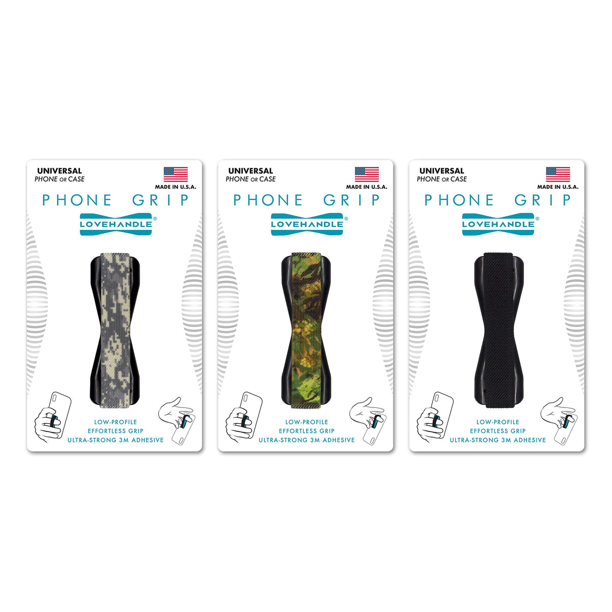 Lovehandle Universal Grip For Smartphone And Mini Tablet, Camo Colored Elastic Strap With Black Base, Pack Of 3