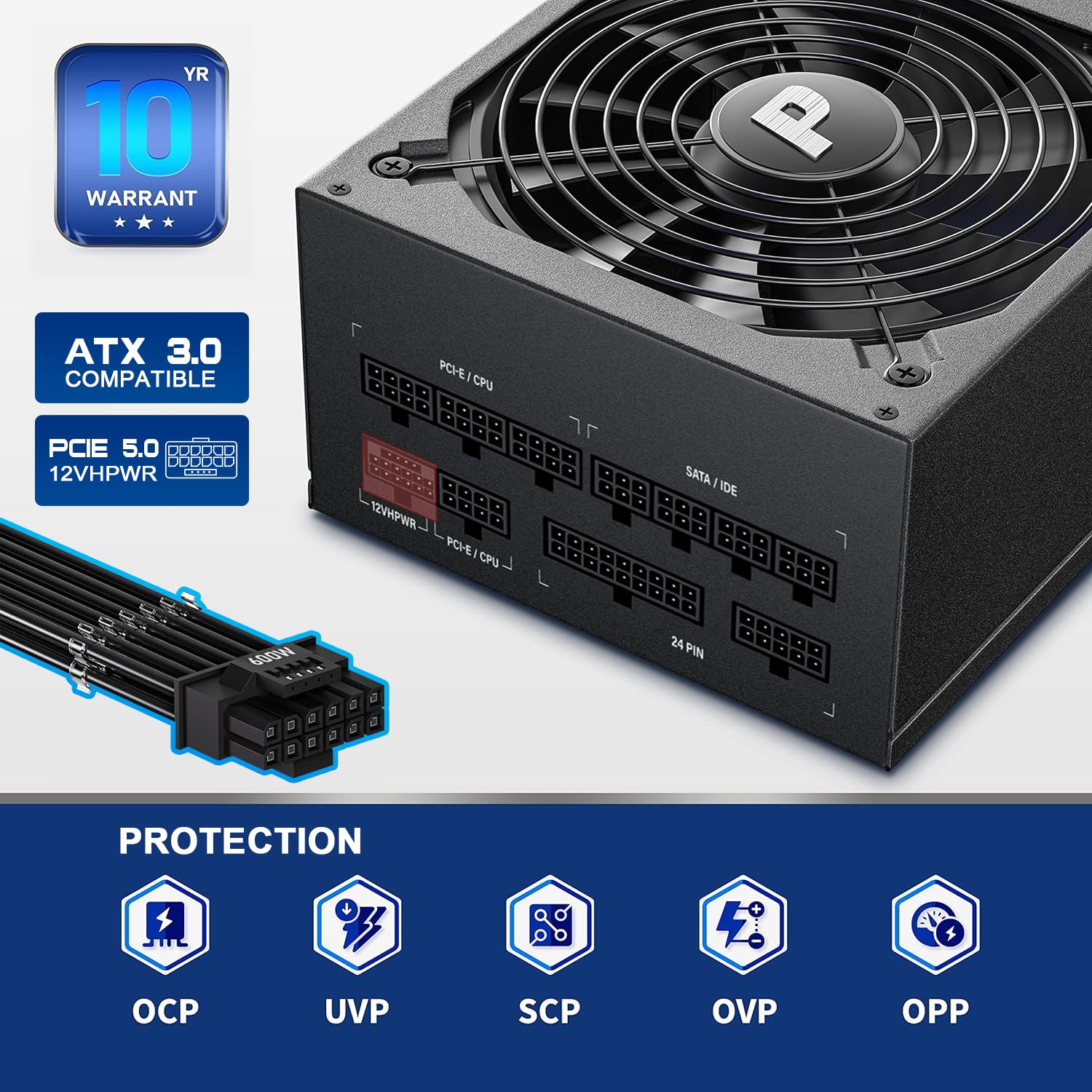 Pystar 1000W Power Supply - 80+ Gold Full Modular PSU, ATX 3.0, PCIE 5.0, Model ES1000