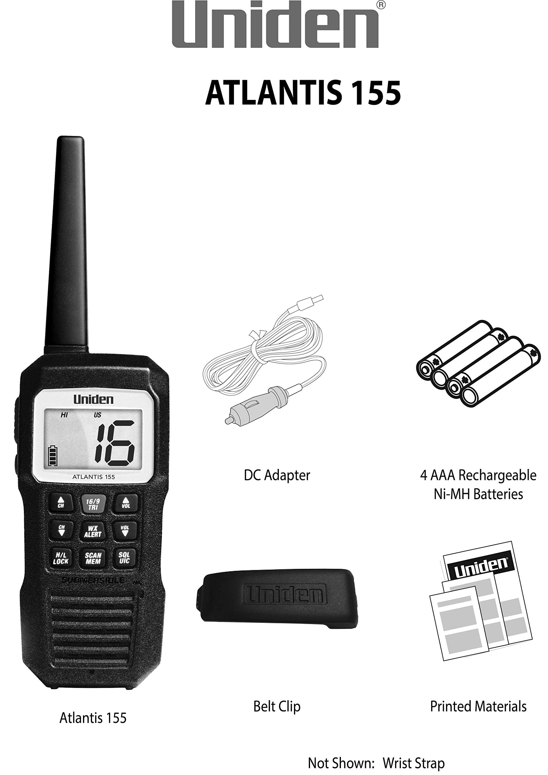 Uniden Atlantis 155 Handheld Two-Way Vhf Marine Radio, Floating Ipx8 Submersible Waterproof, Dual-Color Screen, All Usa/Internat,WBEEAB07N8SCGVT