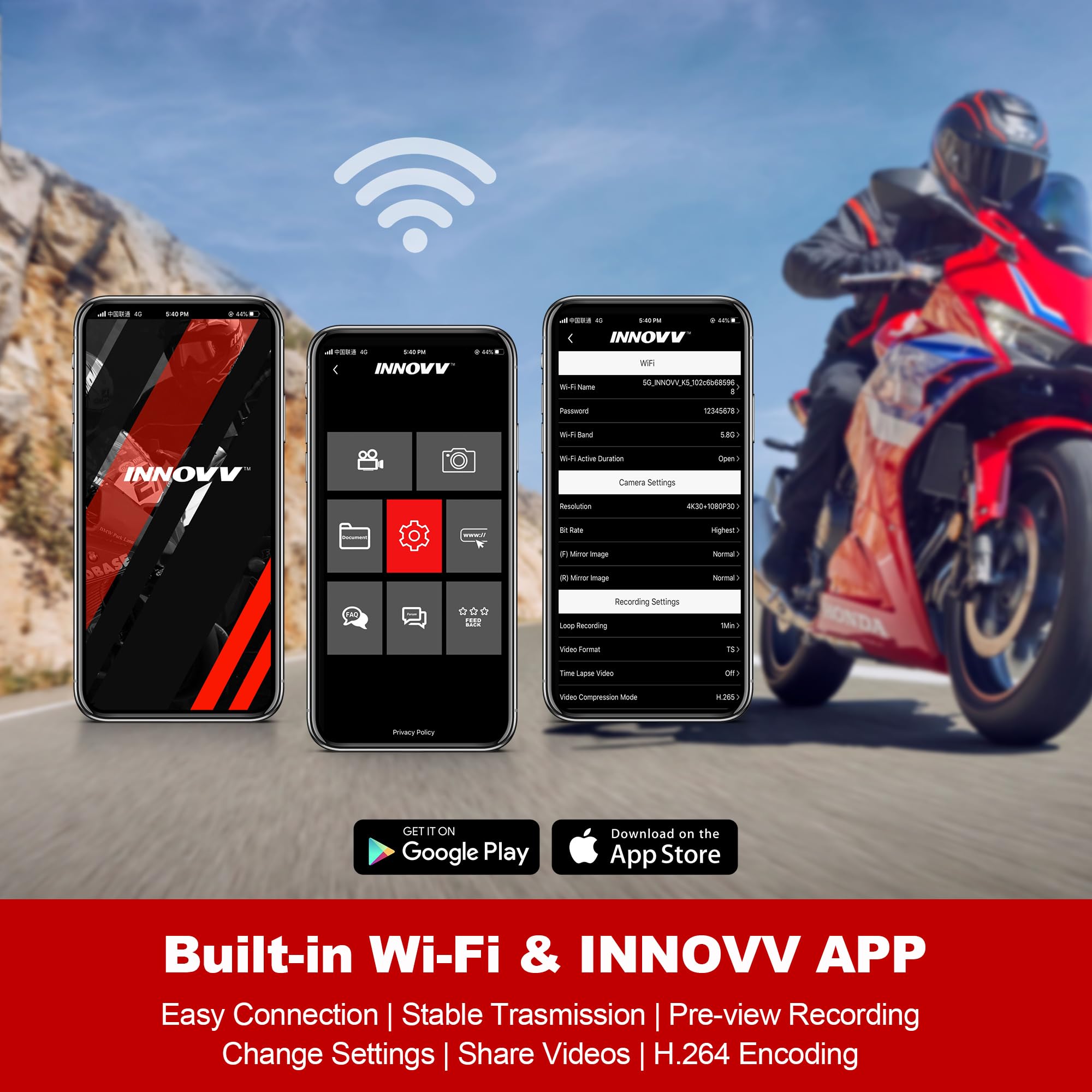 Innovv K6 Motorcycle Dash Cam Front And Rear 2K Qhd+1080P, Ip67 Waterproof Motorcycle Camera With Wi Fi, Collision G Sensor Dete