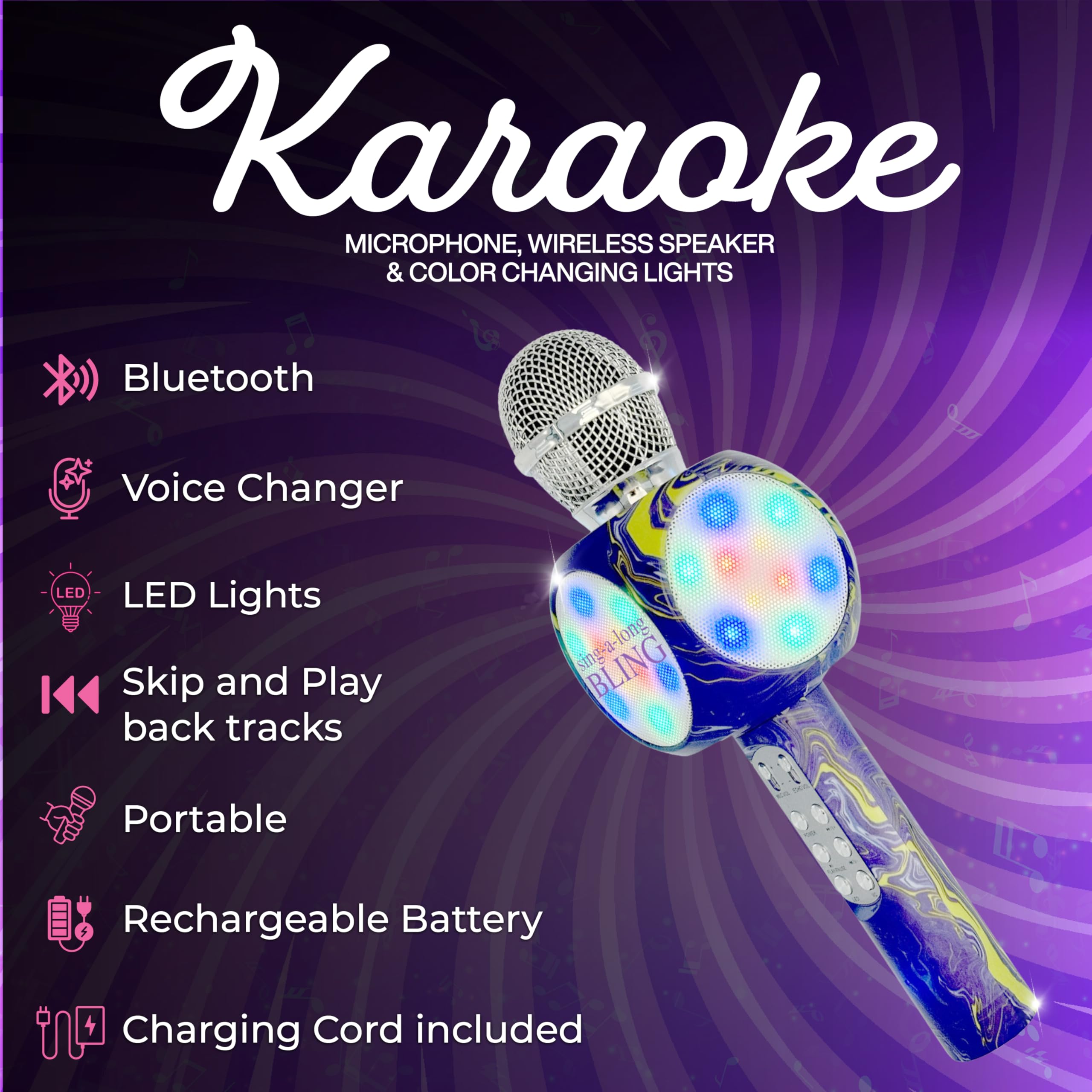 Wireless Express   Sing Along Bling Bluetooth Karaoke Microphone And Bluetooth Stereo Speaker All In One (Swirl Purple)
