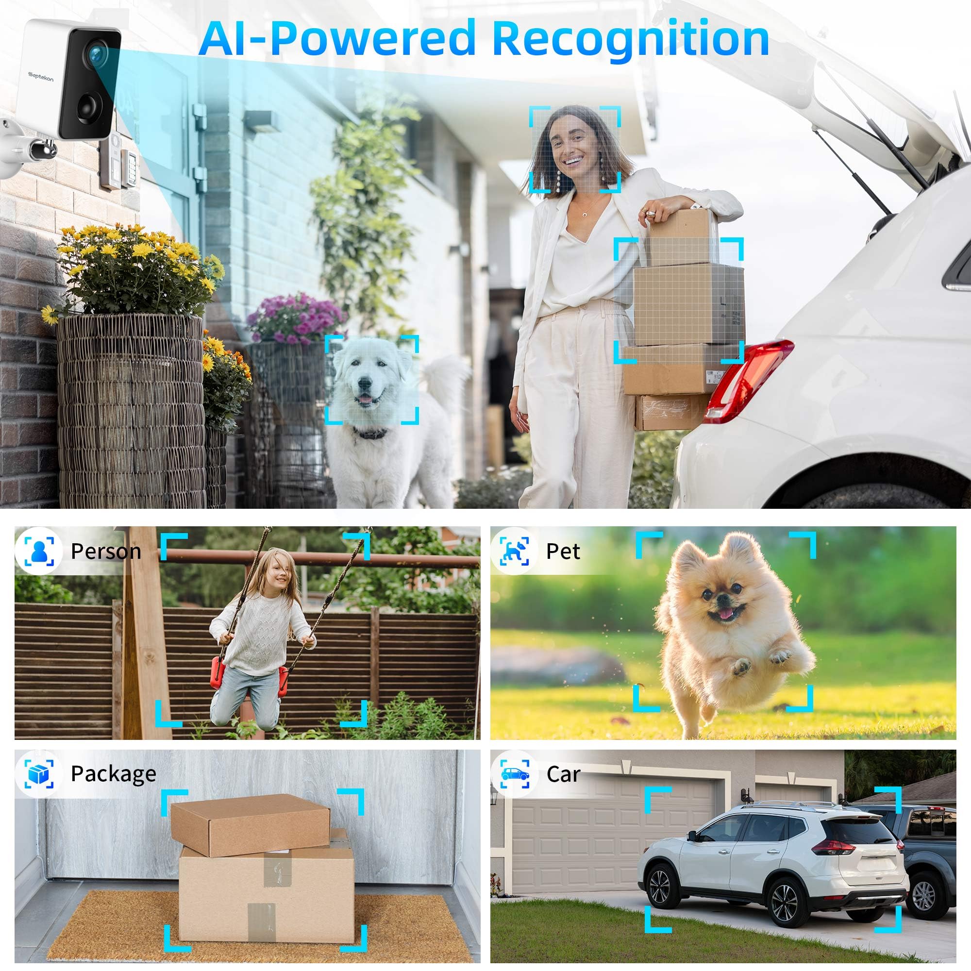 Septekon 2K Security Cameras Wireless Outdoor 4 Pack, Solar Battery Powered Camera With Two Spotlights, Pir Motion Detection Sir