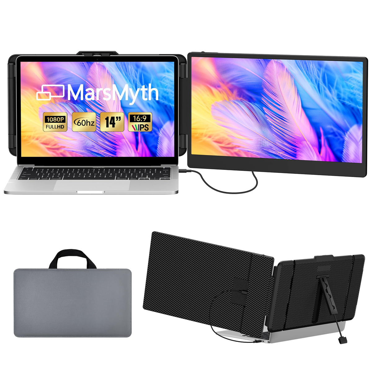 Marsmyth S1 Laptop Screen Extender   14'' Laptop Monitor Extender Dual Screen, 1080P Fhd Portable Monitor For 13'' 17'' Laptops,