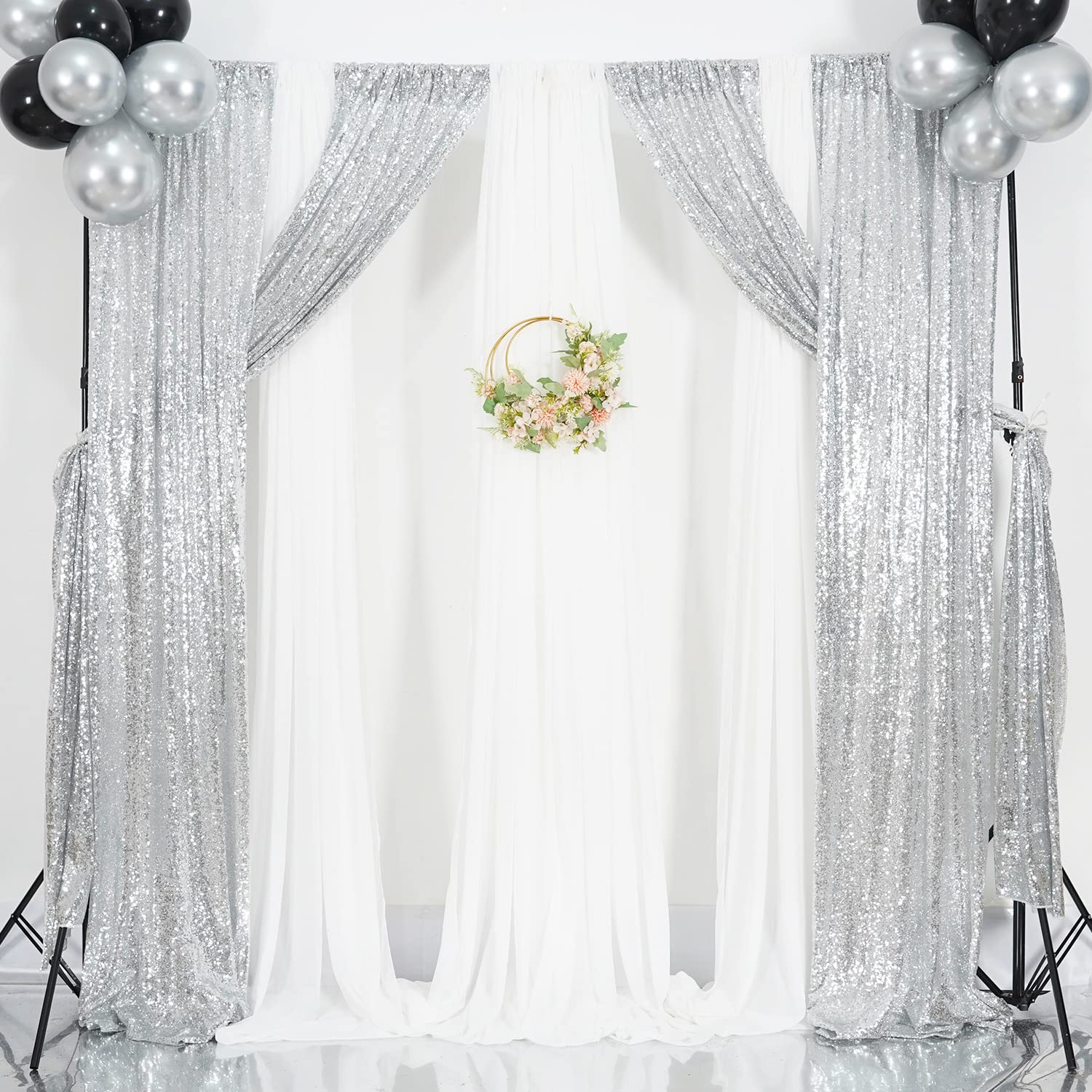 Poise3Ehome Silver Sequin Backdrop Curtains,4 Panels Silver Sequin Backdrop, 2Ftx8Ft Sequin Curtains For Party Wedding Sequence