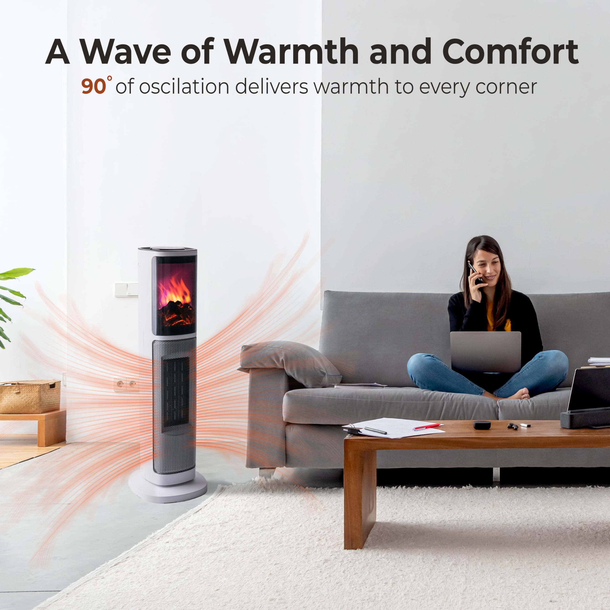Comfort Zone Space Heaters For Indoor Use, 25 Inch, 3D Flame, 8H Timer, 75 Degree Oscillation, Remote Control, Adjustable Thermo