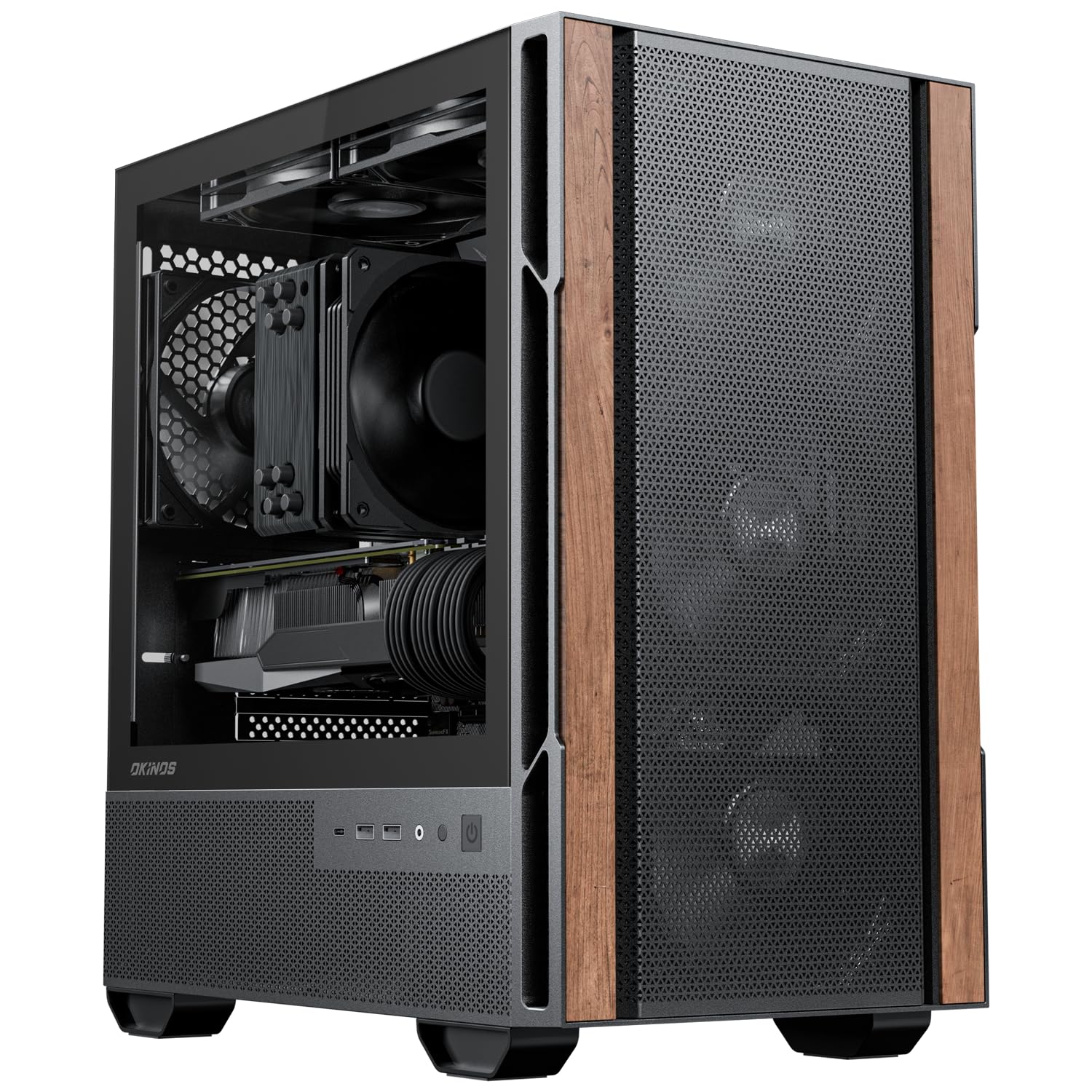 Okinos Genuine Walnut Wood Micro ATX Case, MATX PC Case with 4    120mm 3 Pin Non-PWM Case Fans Pre-Installed, Temper Glass Side