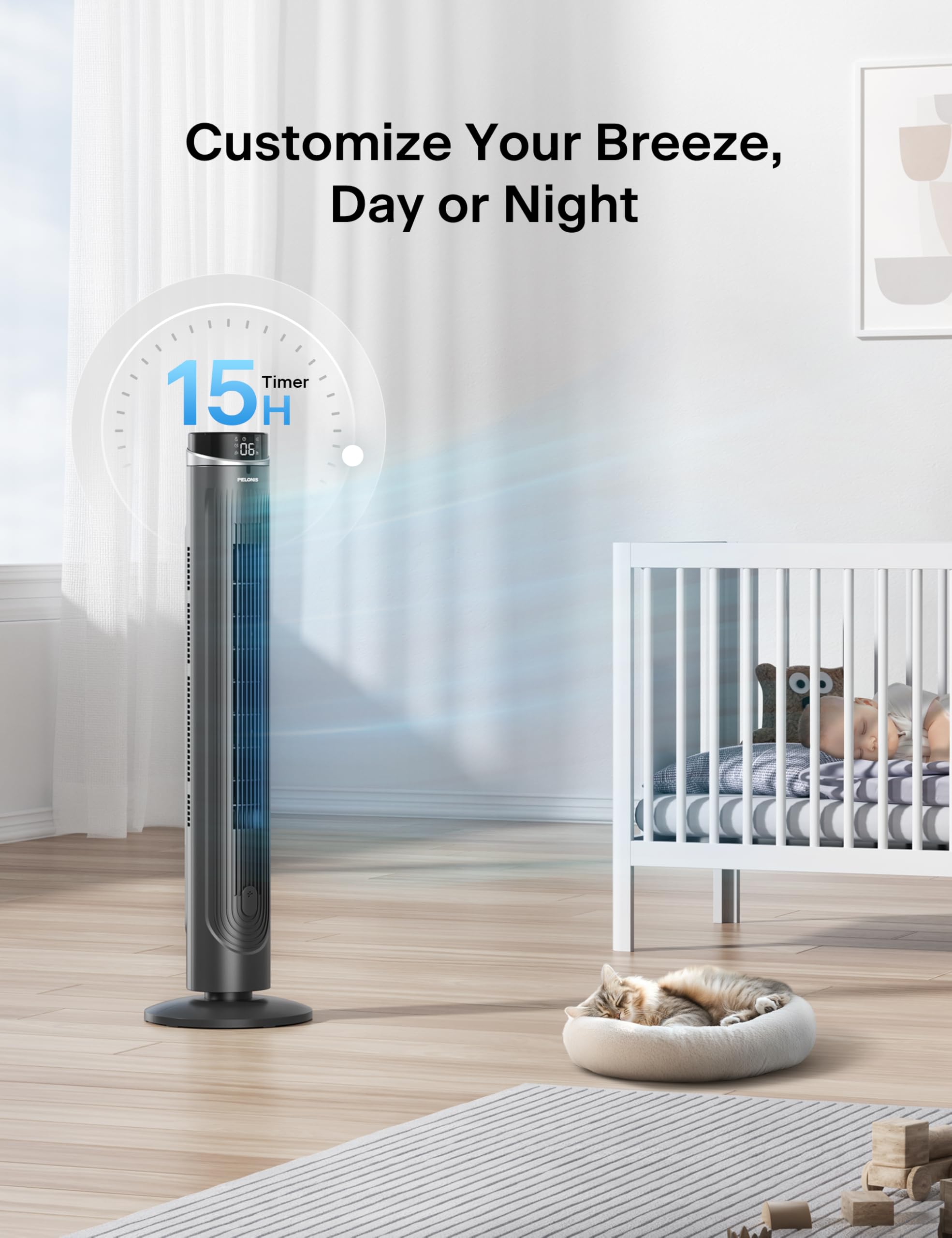 Pelonis 42-Inch Tower Fan For Bedroom, Standing Fan With 90 Oscillation, 28Ft/S, 5 Speeds & 4 Modes, Eco Mode, 12H Timer, 23Db Q