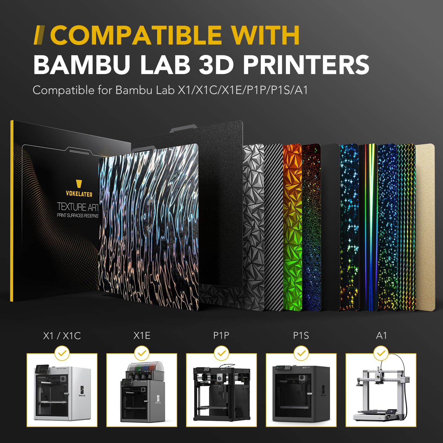 Vokelater 3D Printer Build Plate Black Pei + Satin Texture Sheet For Bambu Lab X1/X1C/X1E/P1P/P1S/A1, Dual Texture 257X257Mm, Fl
