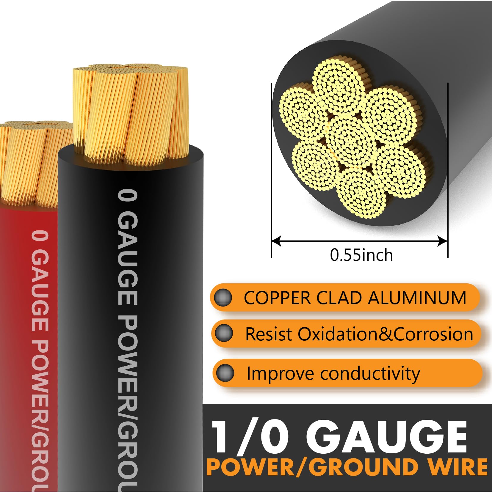 1/0 Gauge Wire (40Ft) Copper Clad Aluminum Caa Car Amplifier Power Ground Cable,Automotive Wire, Battery Cable, Car Audio Speake