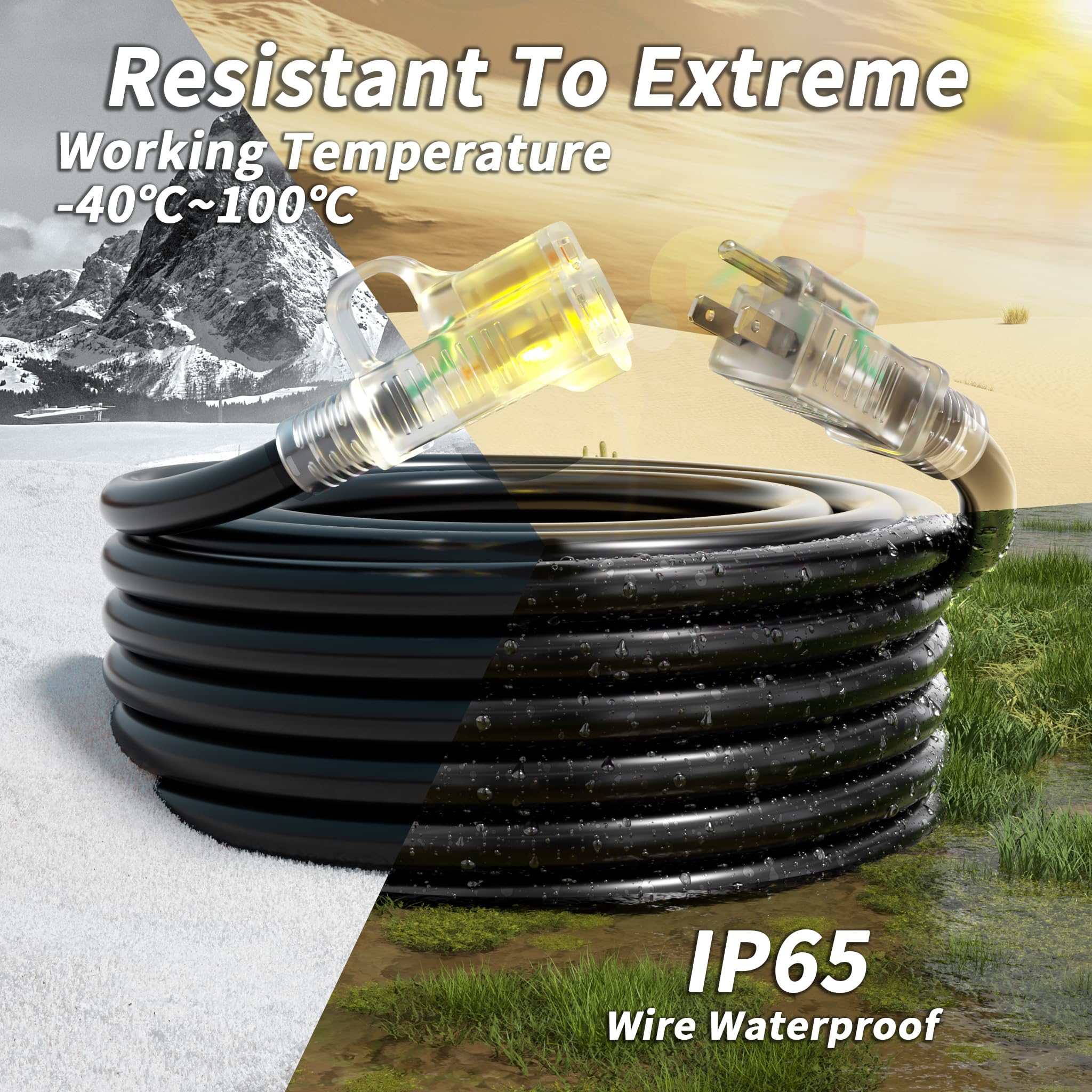 Plugsaf 16/3 Gauge Black Outdoor Extension Cord 300 Ft Waterproof With Lighted Indicator, Cold Weatherproof  40C, Flexible 3 Pro