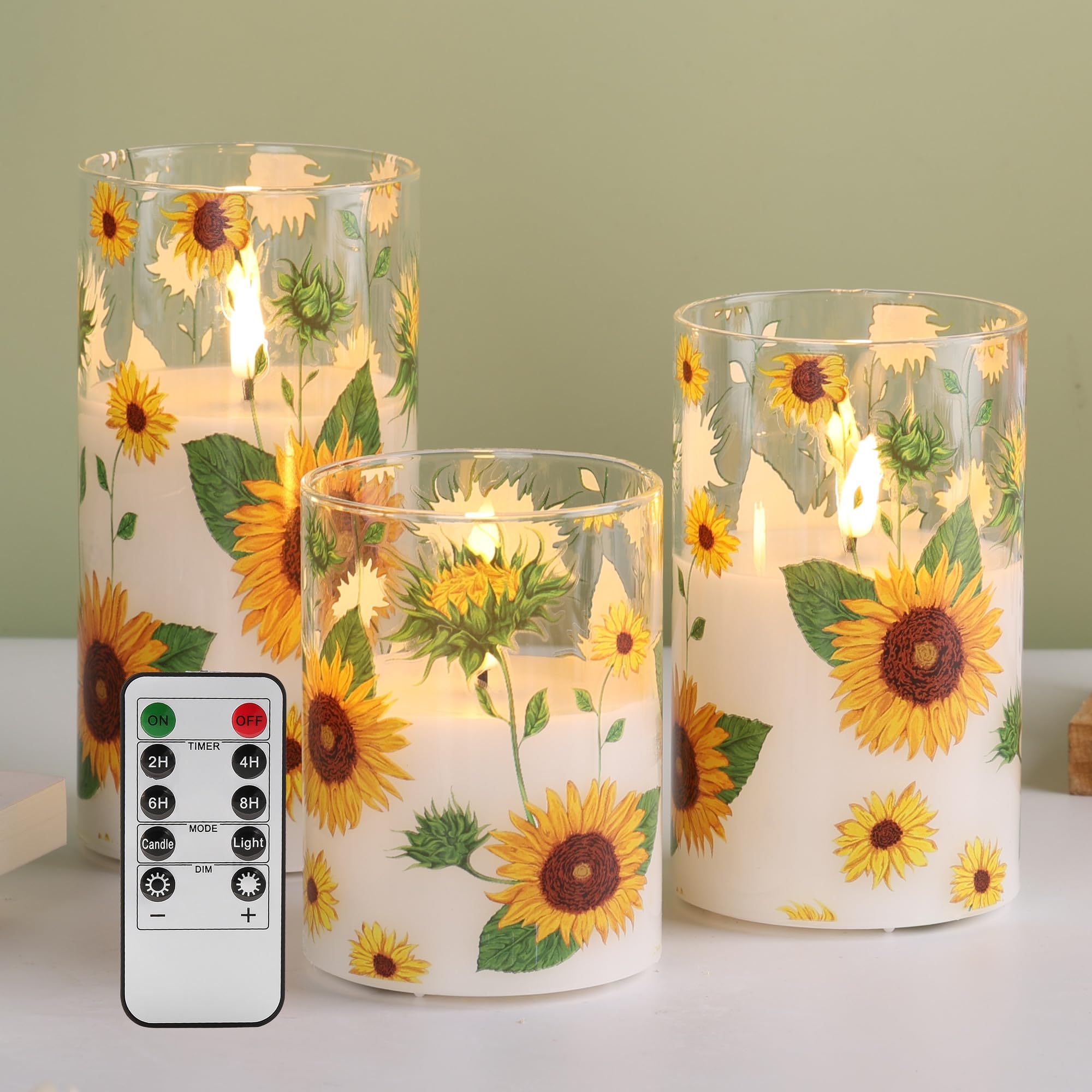 Girimax Sunflower Glass Flameless Candles With Remote, Battery Operated Flickering Led Pillar Candles Set Of 3