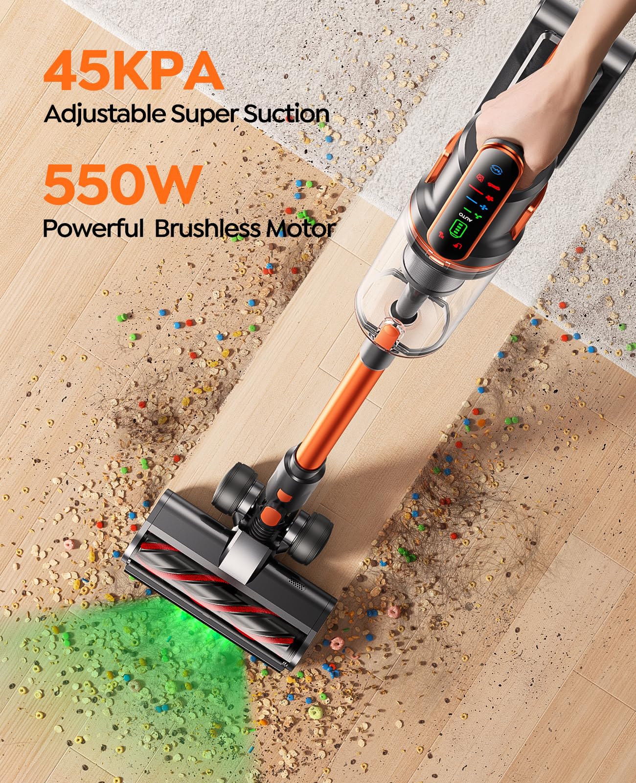Fieety Cordless Vacuum Cleaner, 550W/45Kpa/60Min Runtime Stick Vacuum With 3.3Ft Hose, Wall Mount Charging, Auto Mode, Touchscre
