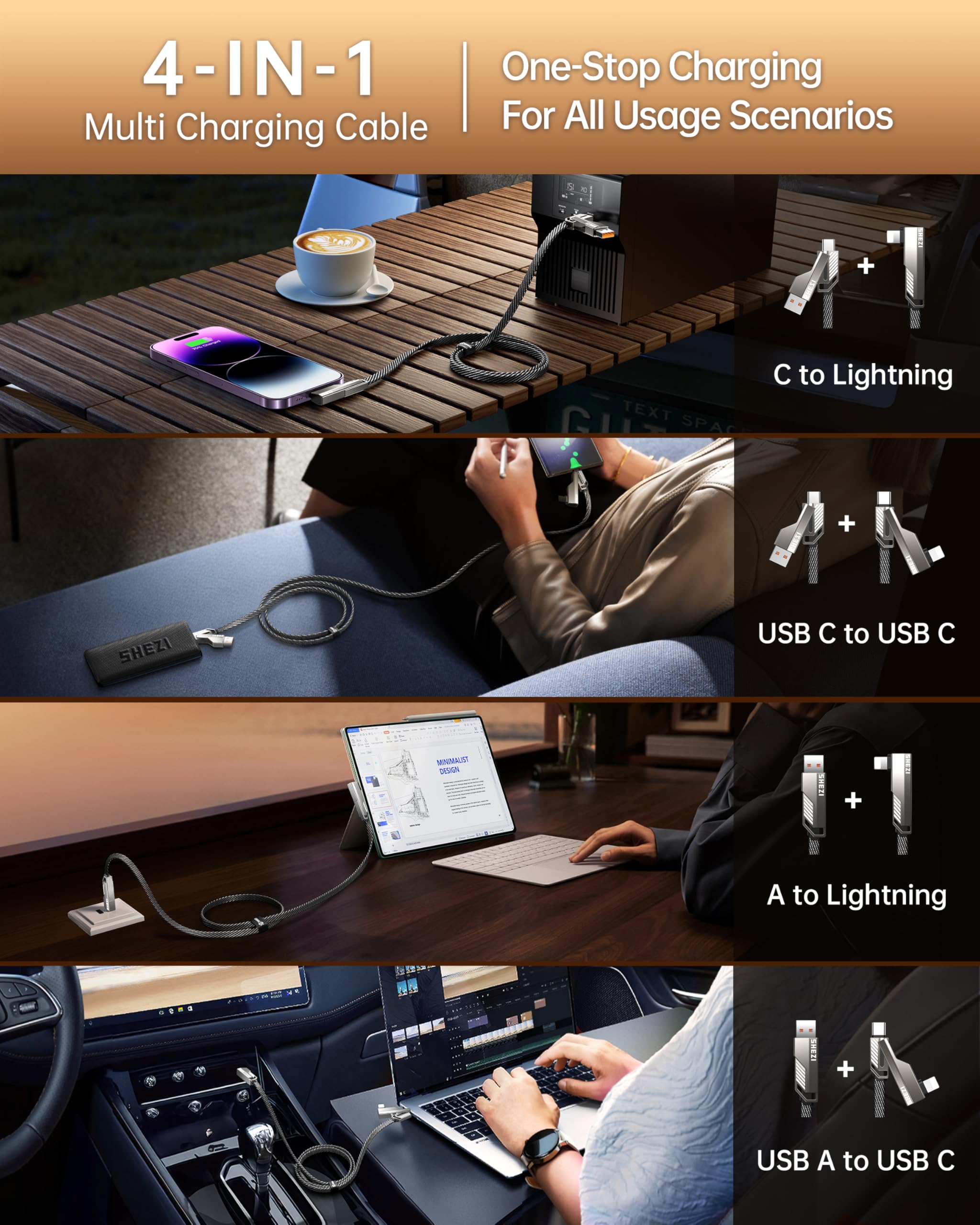 Shezi 4 In 1 [Upgraded] Usb C Cable 60W 5Ft Lightning Cable 90 Degree, Fast Charging Flat Nylon Braided For Iphone Ipad Charger
