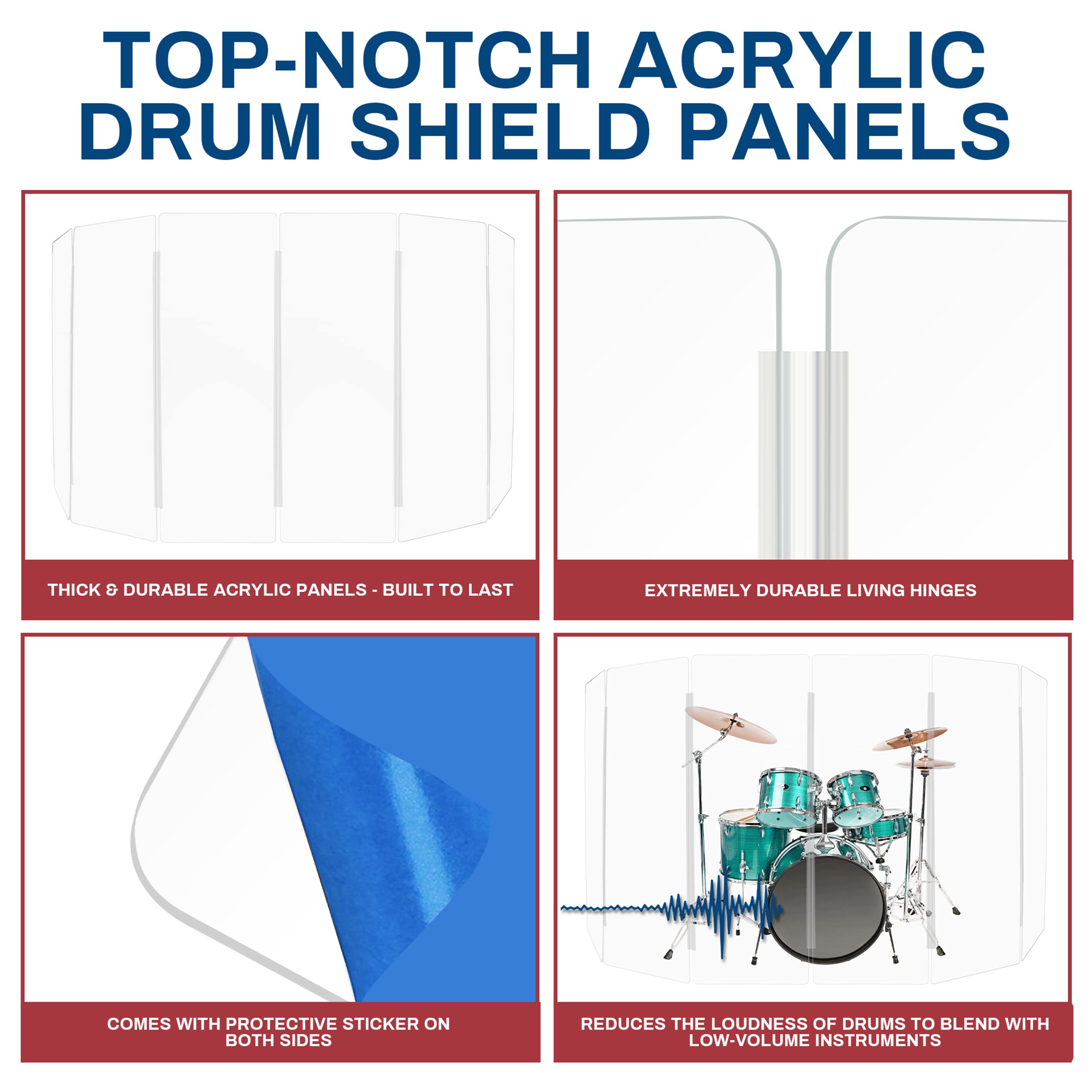Pennzoni Drum Shield 6Ft W/Plastic Hinges, Comes W/ 6 Drum Panels, & Plastic Hinges, Premium Clear Acrylic Panels, Drum Screen