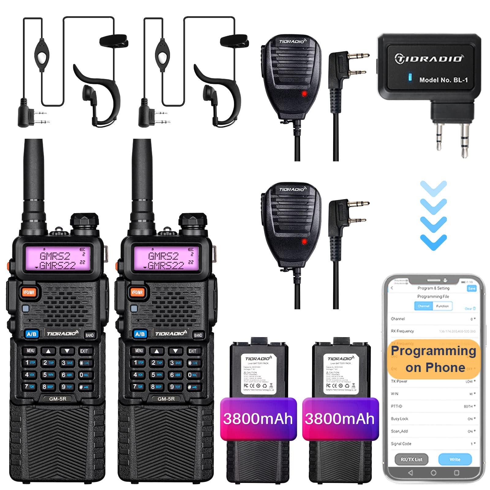 Tidradio Gm 5R Gmrs Radio, Two Way Radio Gmrs Repeater Capable, With 3800Mah Battery,Wireless Programmer,Dual Band Scanning Rece