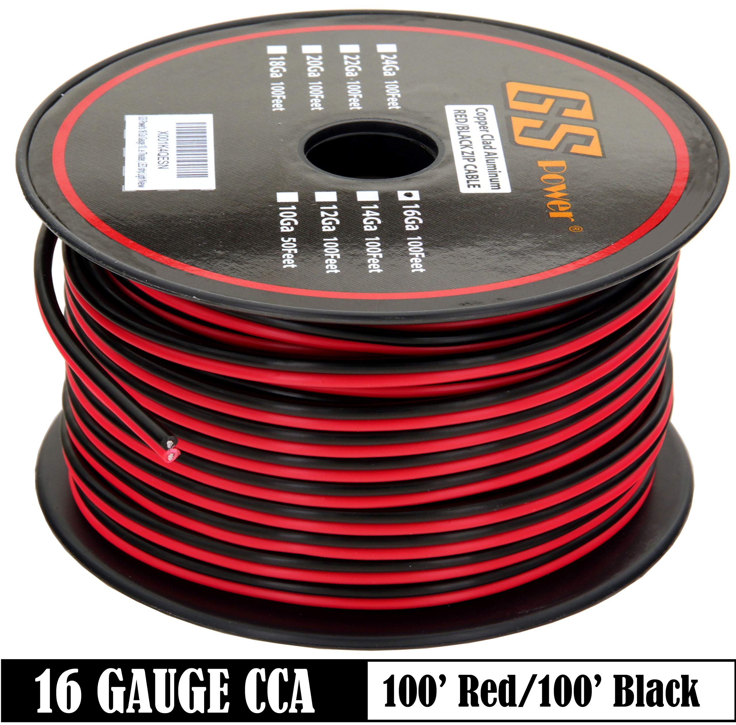 Gs Power 16 Gauge Stranded Copper Clad Aluminum 100Ft Red / 100Ft Black Bonded Zip Cord Wire For 12 Volt Automotive Harness Car Audio Hookup Amplifier Led Light Wiring