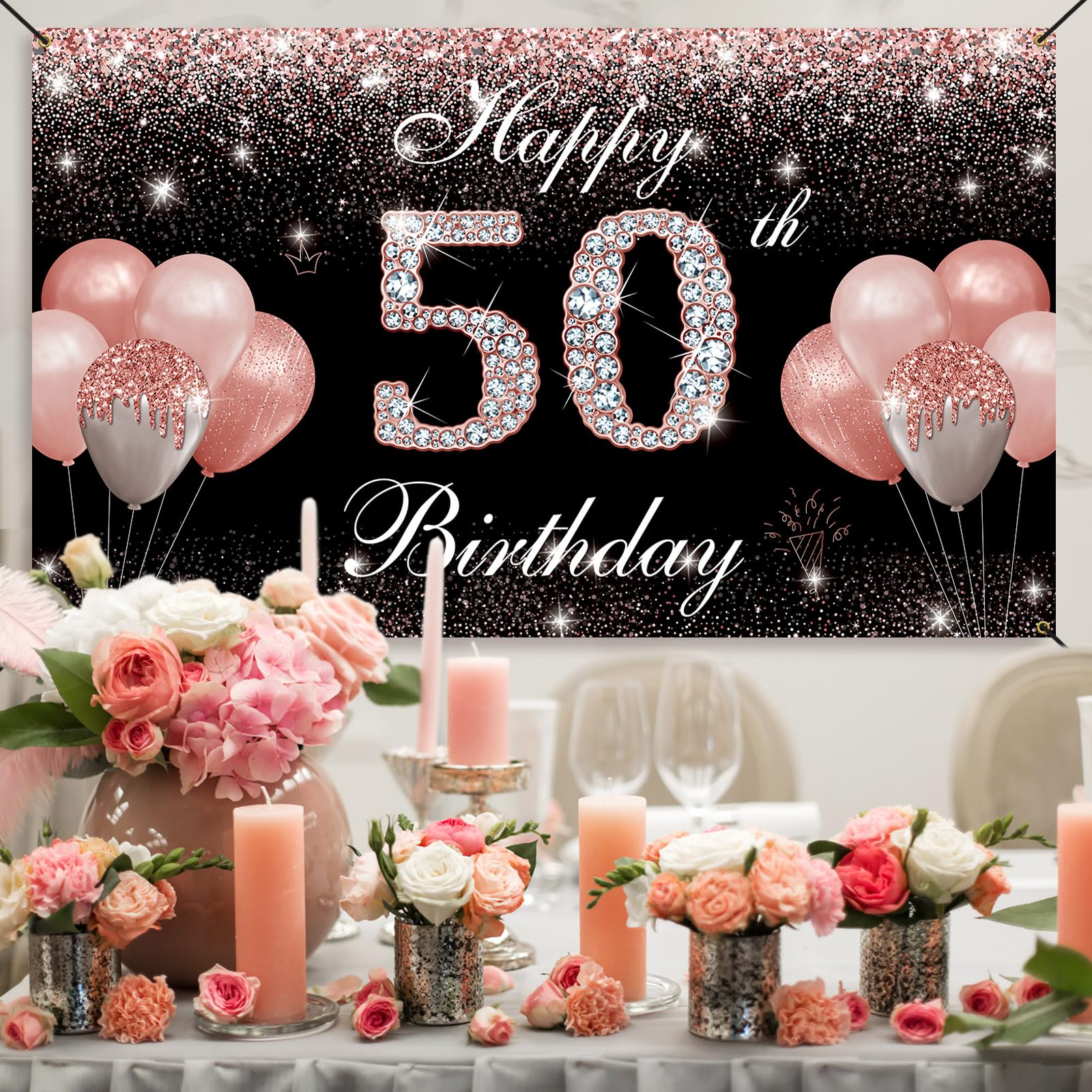 Htdzzi 50Th Birthday Banner Backdrop, Happy 50Th Birthday Decorations For Women Rose Gold, Fabulous 50 Year Old Birthday Party Y