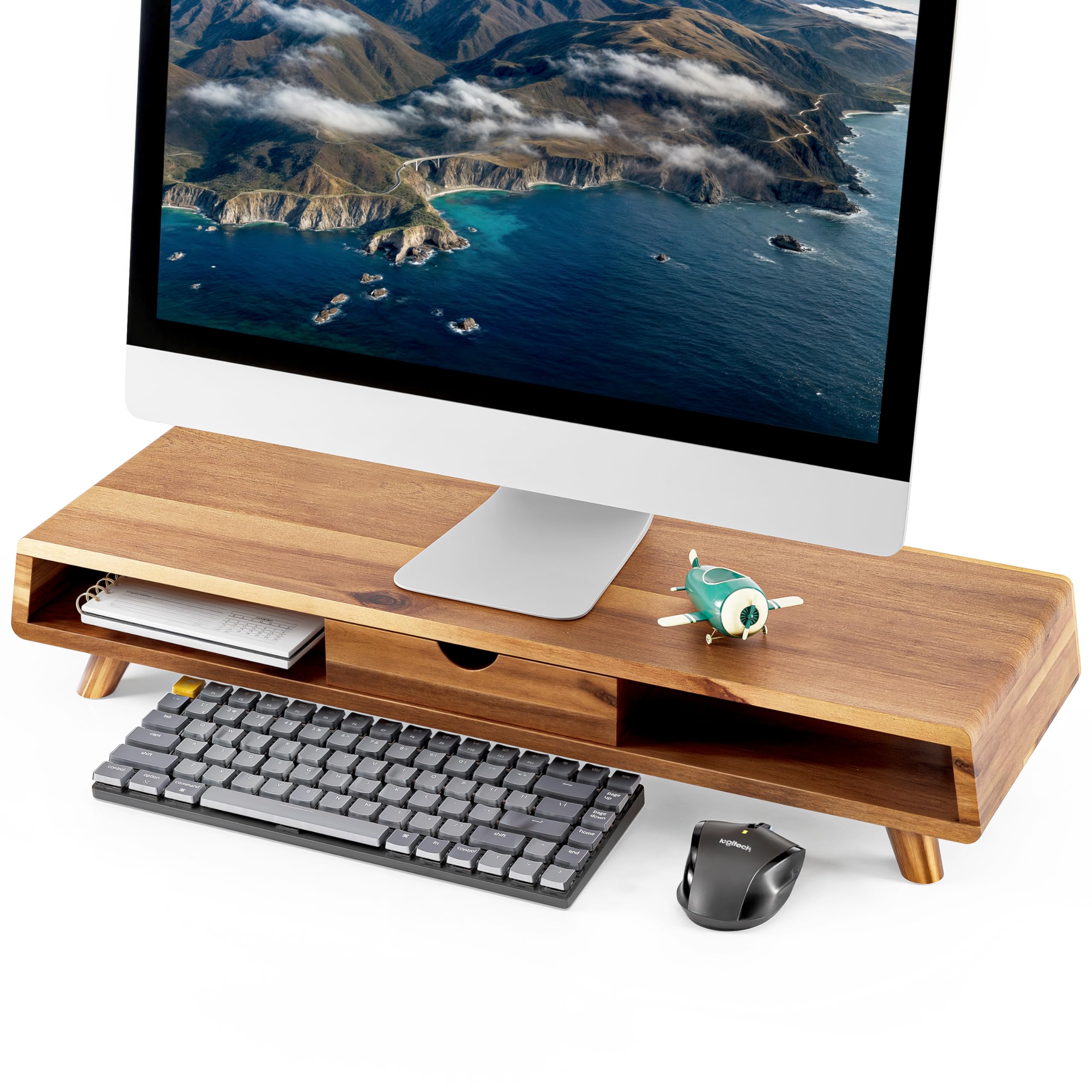 Tinamo Acacia Wood Monitor Stand With Drawer   Wooden Monitor Riser For Desk   Computer Monitor Stand For Desk   Multi Purpose D