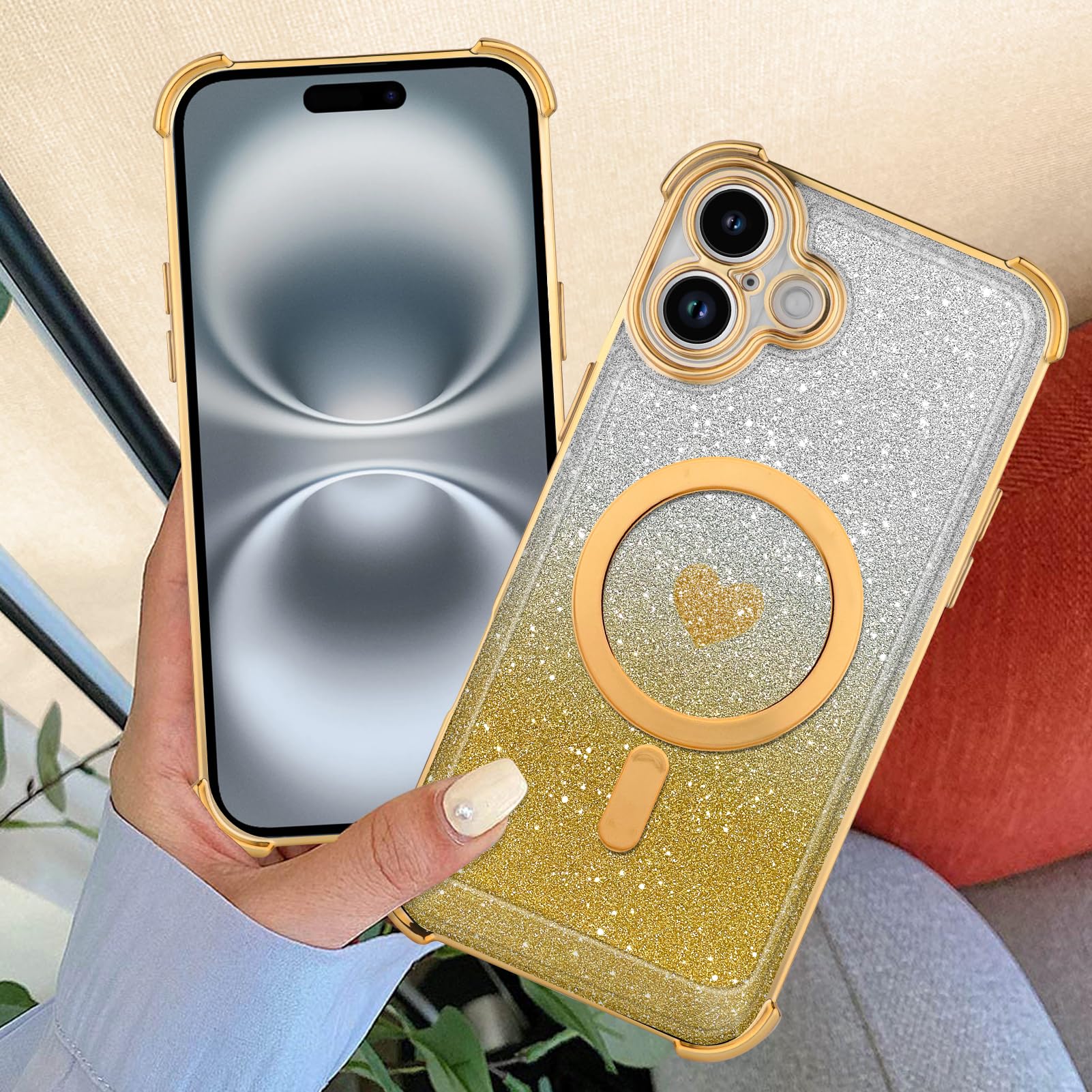 Tharlet Magnetic For Iphone 16 Plus Case [Compatible With Magsafe] Glitter Cute Love Luxury Plating Plating Bling Clear Phone Ca