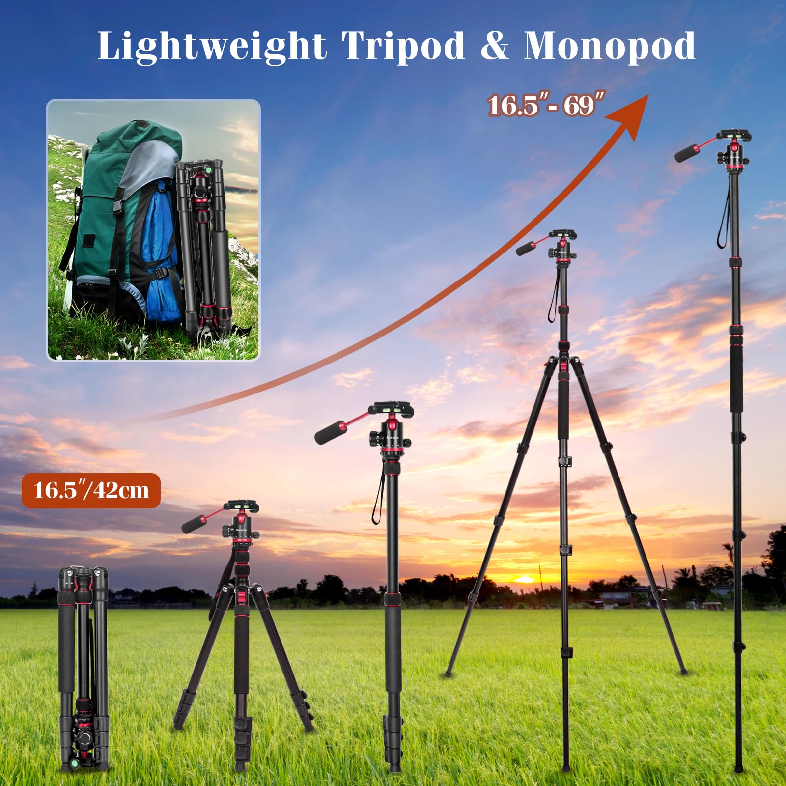 2 In1 Lightweight Video Camera Tripods  68'' Tripod For Camera And Camcorder  360 Ball Head Tripod With Removable Handle  Extra