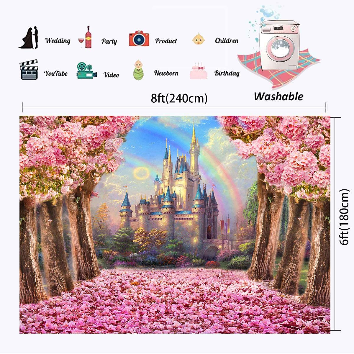 Dreamy Castle Backdrop 8X6Ft Pink Sweet Sakura Flowers Tree Washable Polyester Photography Background Wedding Birthday Party Pho